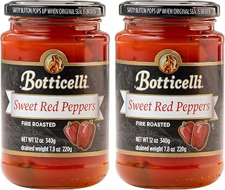 Botticelli Fire Roasted Sweet Red Peppers, Gluten-Free No Sugar Added, Ready-to-Use Smoky Flavor 2-Pack 12oz Jars for Pasta Sandwiches