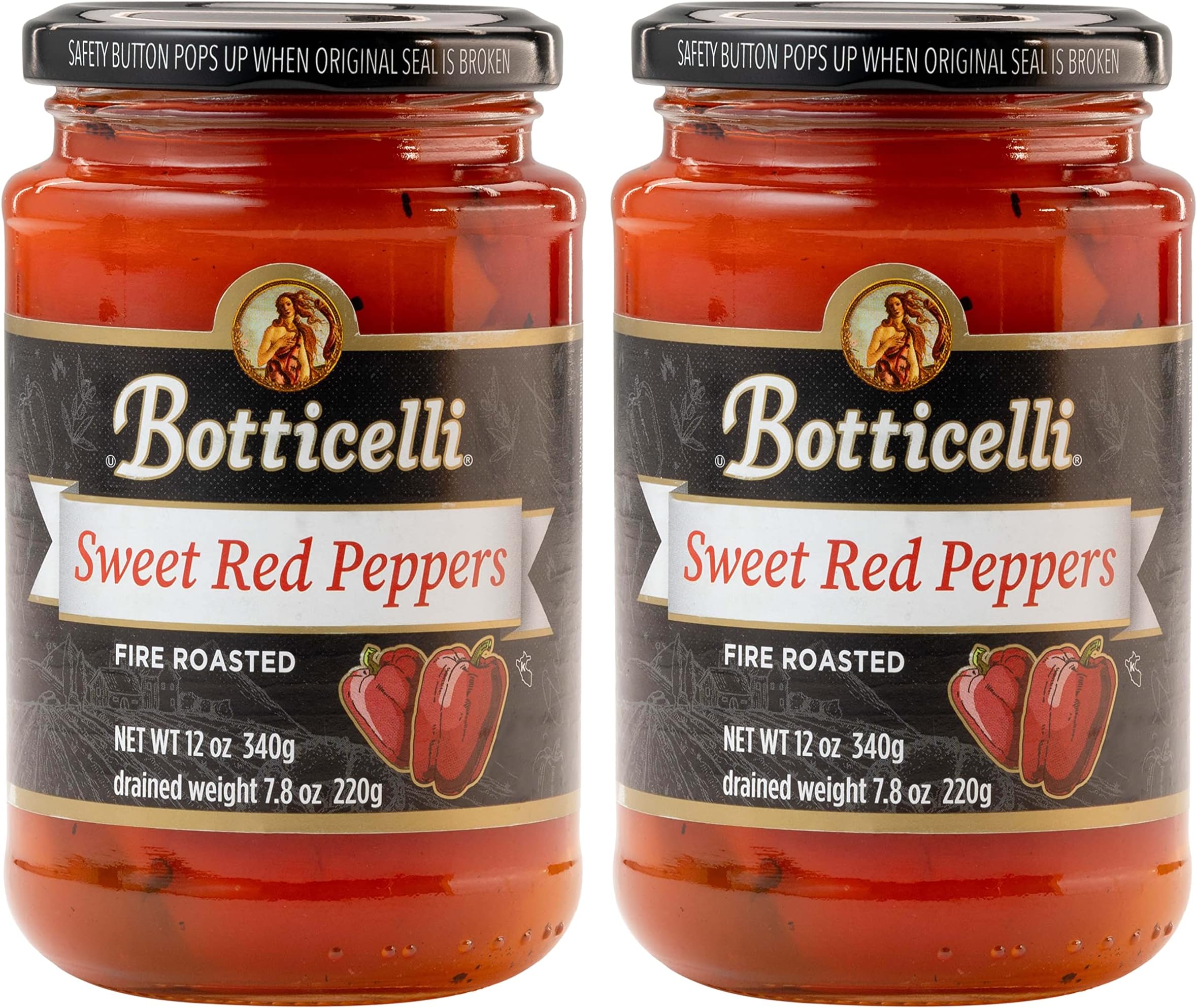 BOTTICELLI Fire Roasted Sweet Red Peppers, No Sugar Added,Gluten Free, Ready to Use, Rich & Smoky Flavor for Pasta, Sandwiches & Sauces (2-Pack, 12 oz Jars)
