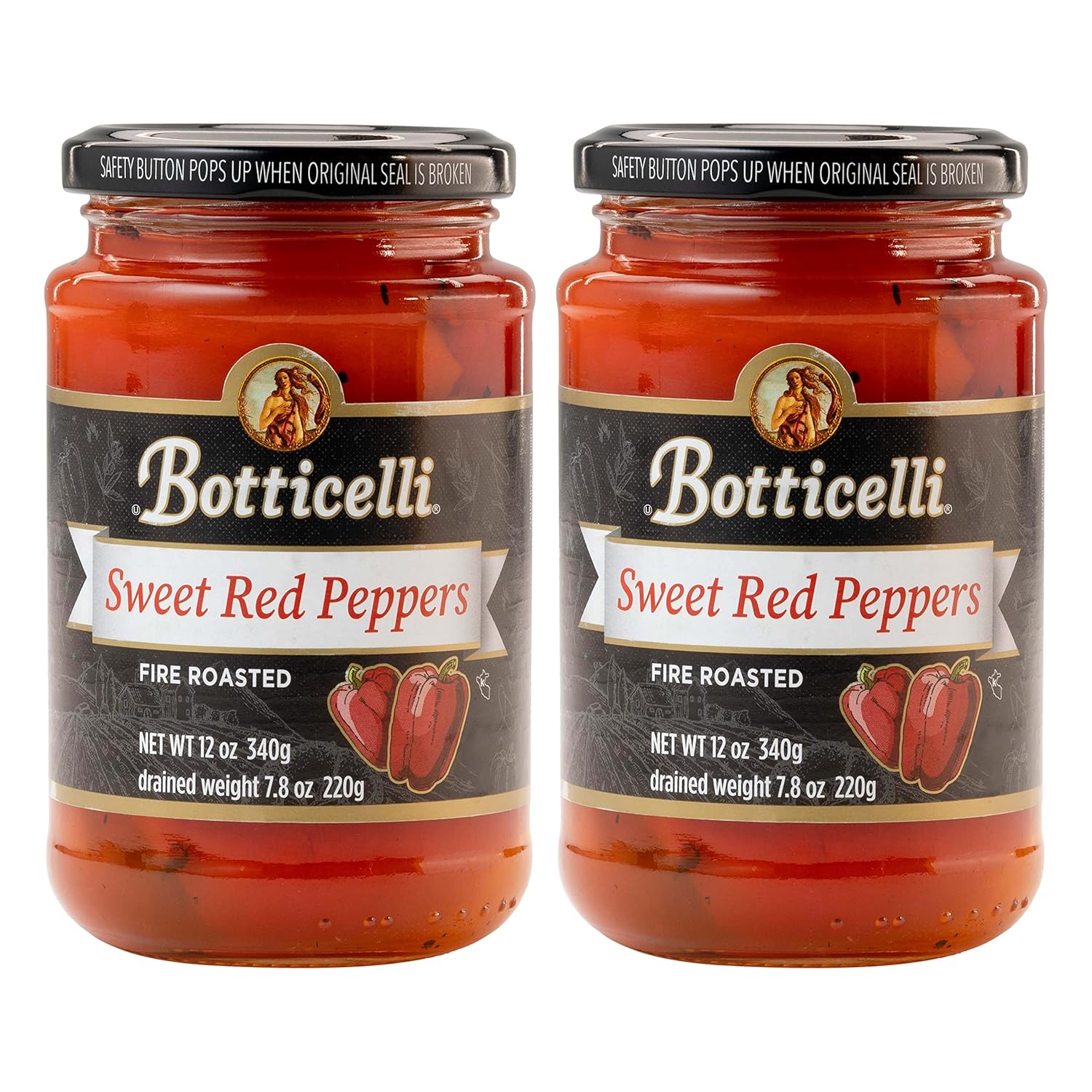 Botticelli Fire Roasted Sweet Red Peppers, Gluten-Free No Sugar Added, Ready-to-Use Smoky Flavor 2-Pack 12oz Jars for Pasta Sandwiches