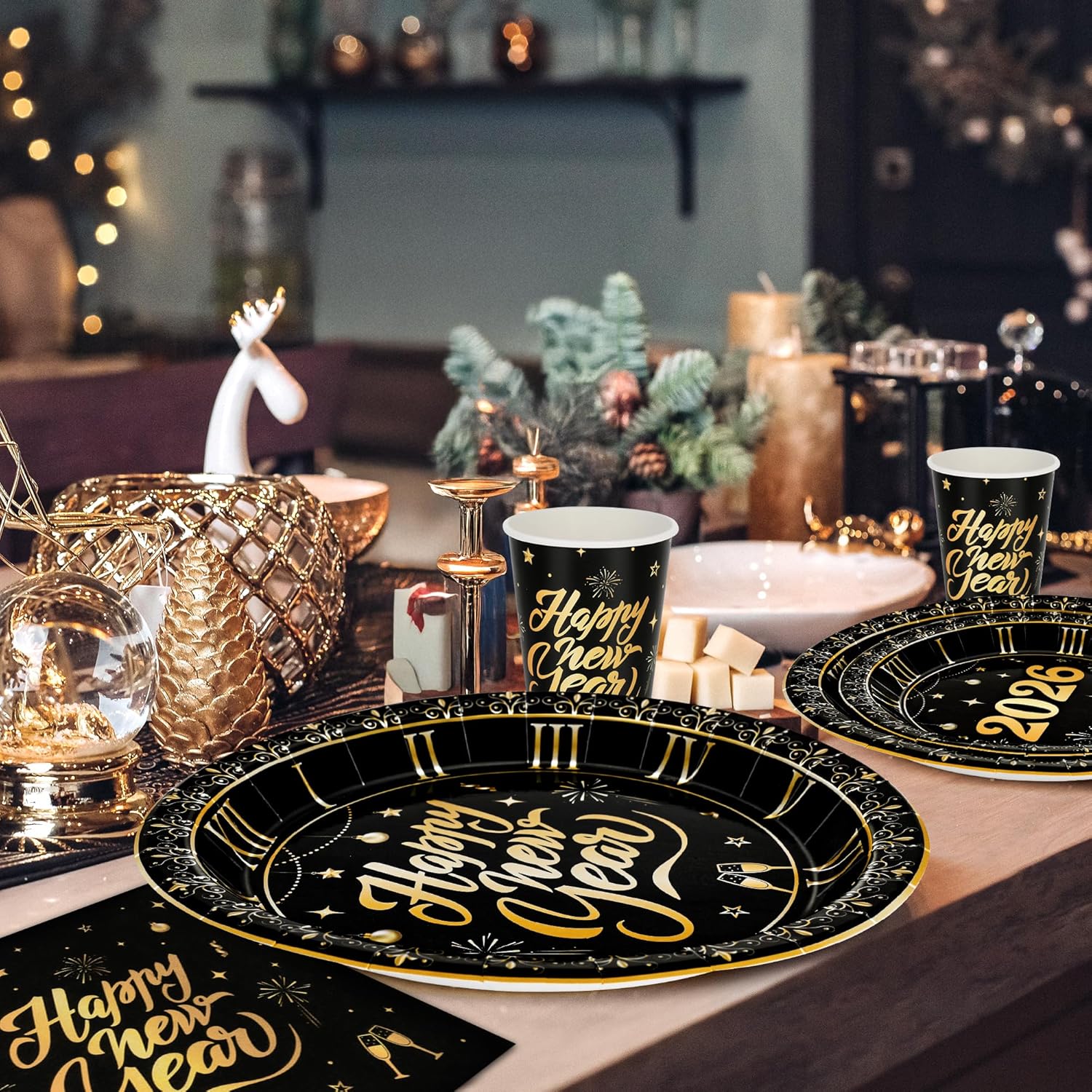 96 PCS New Years Eve Party Supplies, NYE Dinner Plates Dessert Plates Napkins Cups, Disposable New Year Plates and Napkins and Cups, Black Gold NYE Party Supplies 2026 NYE Decorations for 24 Guests