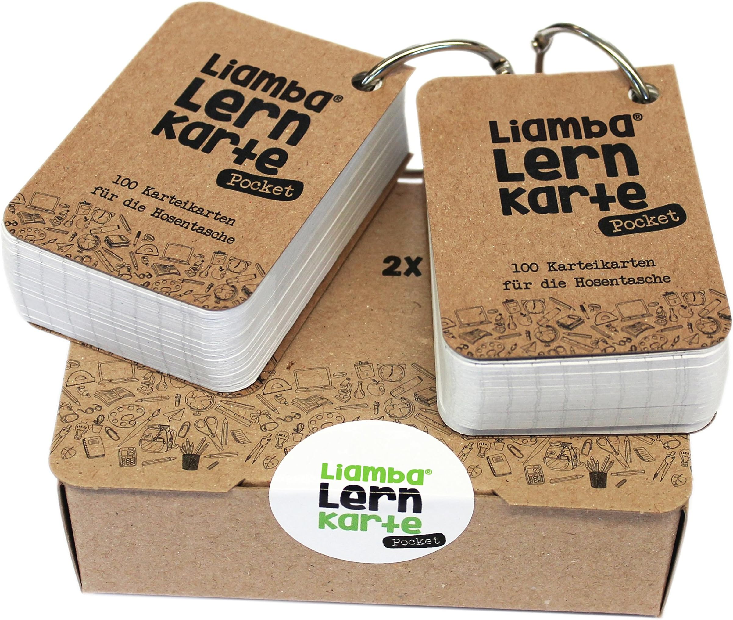 Lina Learning Pocket Cards 2x 100 Lined Flashcards on-the-go with Practical Ring DIN A8 Size, 7.4 x 5.2 cm, 170 g/m², FSC Certified Ruled Index Cards Made of Recycled Paper Made in Germany