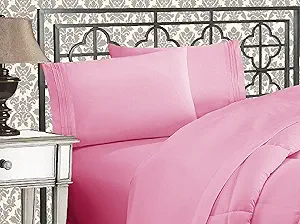 Elegant Comfort Luxurious 1500 Premium Hotel Quality Microfiber Three Line Embroidered Softest 4-Piece Bed Sheet Set, Wrinkle and Fade Resistant, California King, Light Pink