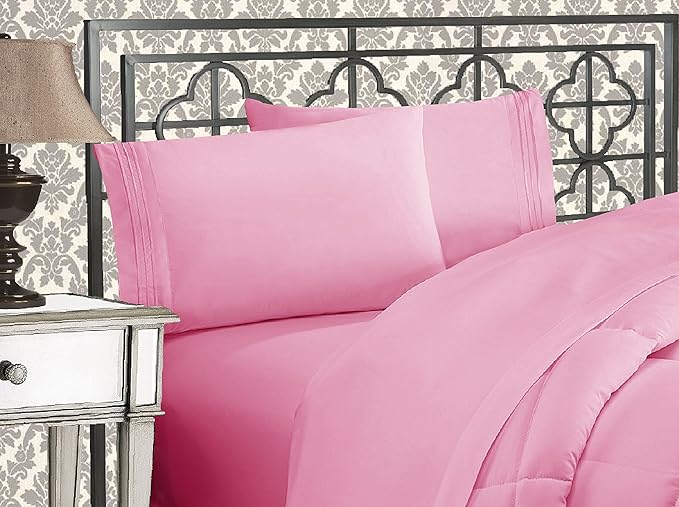 Elegant Comfort Luxurious 1500 Premium Hotel Quality Microfiber Three Line Embroidered Softest 4-Piece Bed Sheet Set, Wrinkle and Fade Resistant, Full, Light Pink