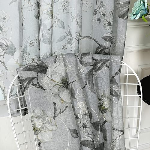 Miniatura 6 de Tollpiz - Cortinas de gasa transparentes, hechas de lino sintético, bordadas, con diseño de hojas y flores, para dormitorio o sala de estar, juego