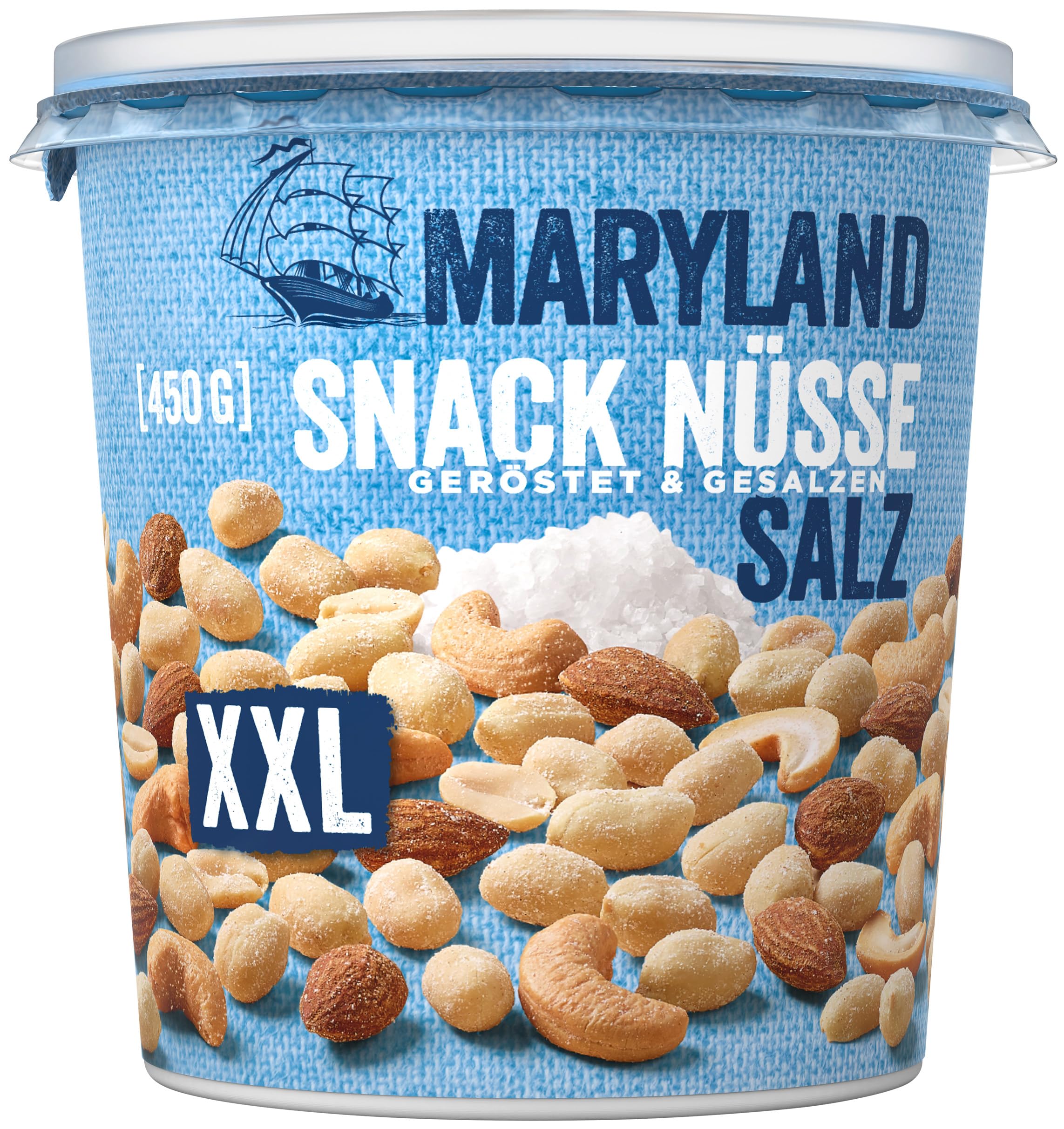 Maryland Snack Nüsse geröstet & gesalzen XXL 12 x 450g Becher - Erdnüsse, Cashewkerne und Mandeln in Nussmischung - klassisch geröstet & gesalzen - wiederverschließbarer Becher (12 x 450 g XXL)