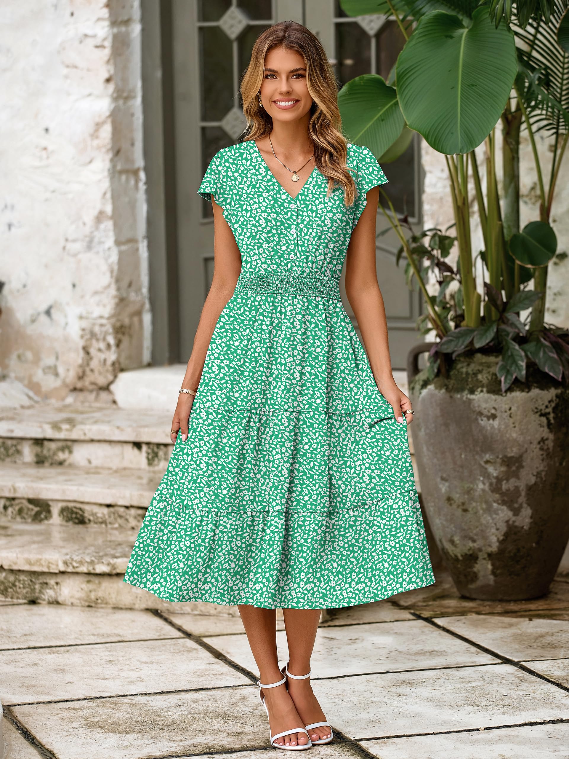 Theenkoln Women's Gingham Midi Dress - V-Neck Empire Waist With Tiered  Design