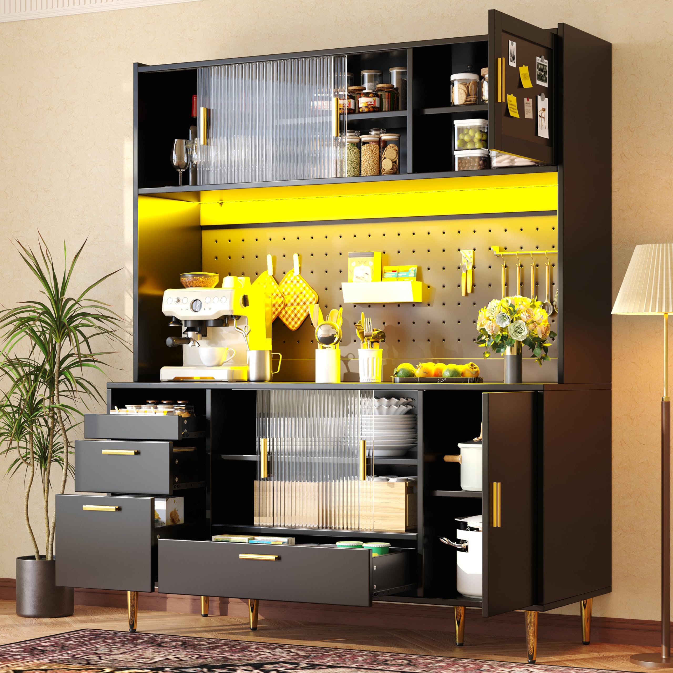 Xfholl Tall Kitchen Cabinet with LED Lighting and Pegboard Shelves, Dining Room Cabinet with Magnetic Door Panels, Black
