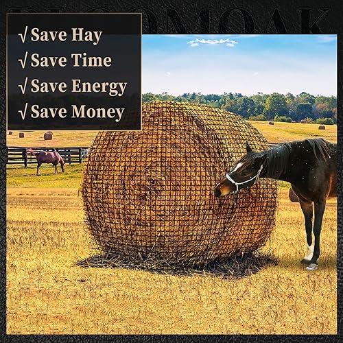 Miniatura 6 de Bloomoak Red de heno de pacas redondas para caballos, red de pacas grande y resistente, 6 x 6 pies, alimentador de red de heno de alimentación lenta