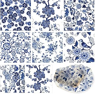 Epakh 36 Pack 6 Style Blue and White Decoupage Napkins Assorted Floral Chinoiserie Tissue Decorative Cocktail Napkins Pretty Toile Paper for Crafting DIY Valentines Spring Decor, Each Unfolded 13''