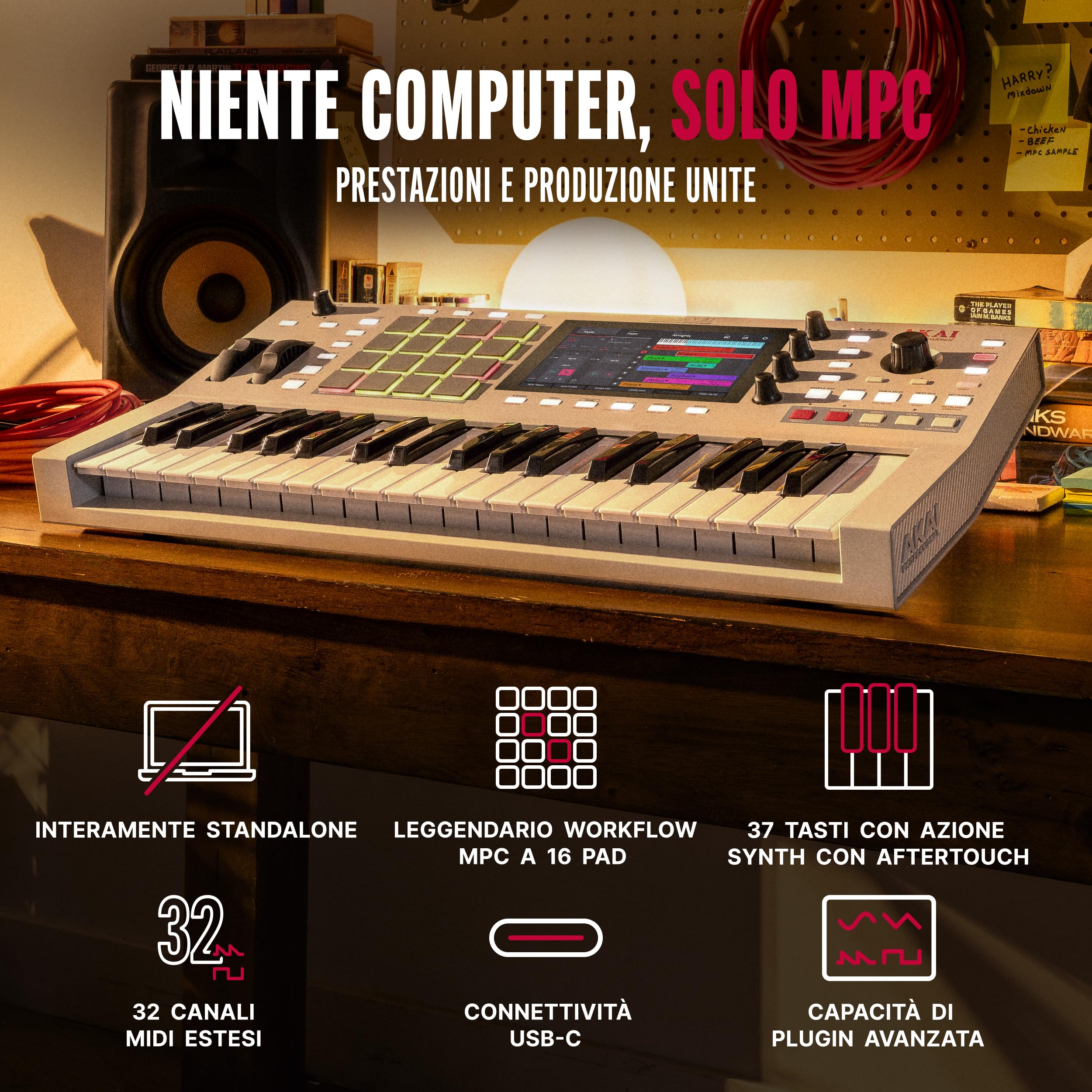 Akai Professional MPC Key 37 G2 Tastiera di produzione standalone Next-Gen | Sintetizzatore per producers, sampling & sequencing, con USB-C, 37 tasti, 16 pad MPC, processore 8-core, 4 GB RAM