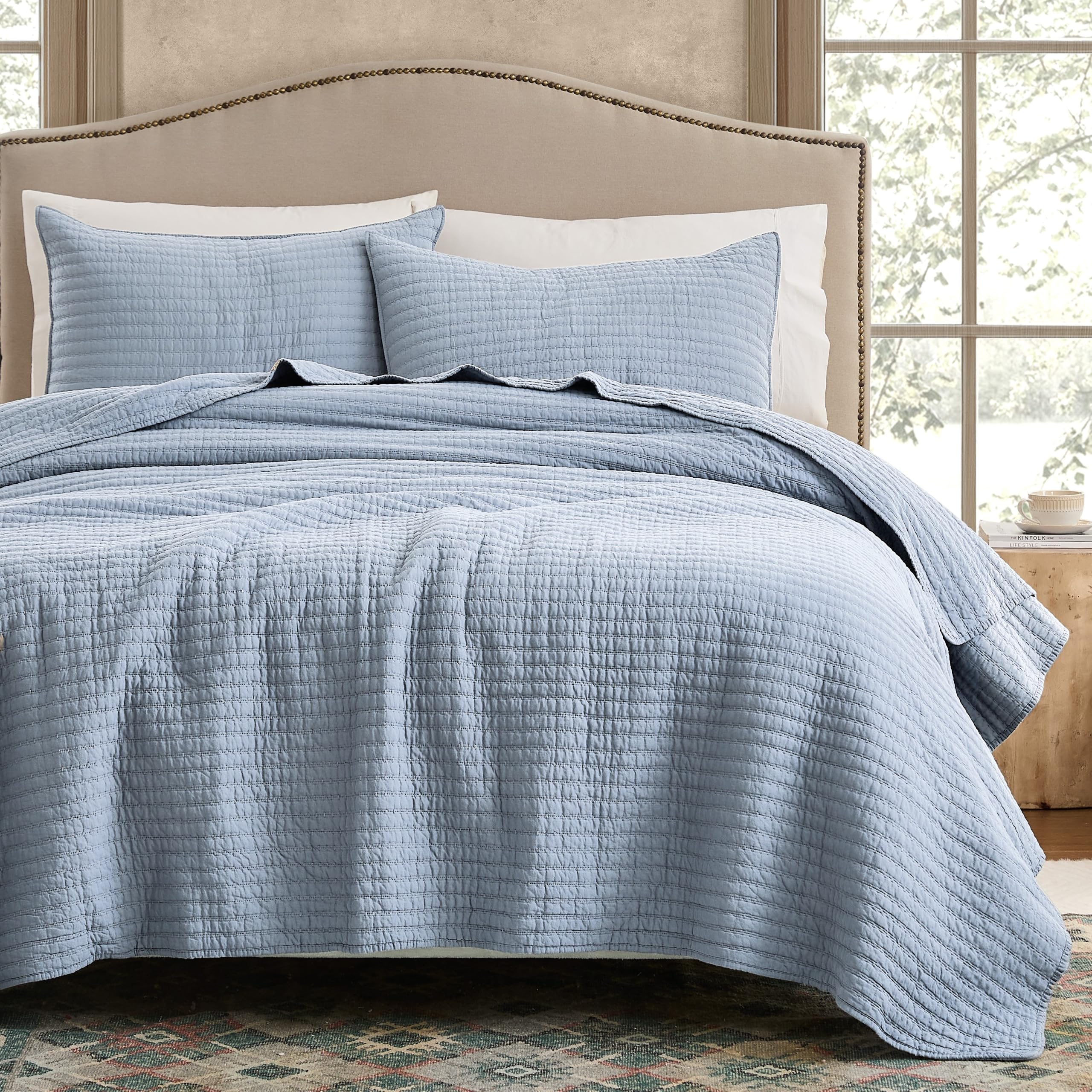 WDCOZY 100% Cotton Twin Size Quilt Set - Light Blue Striped Pick Stitch Soft Lightweight Bedspread, Textured Like Linen, Farmhouse Country Rustic Coverlet, Shabby Chic Gauze Bedding, 2 Pieces