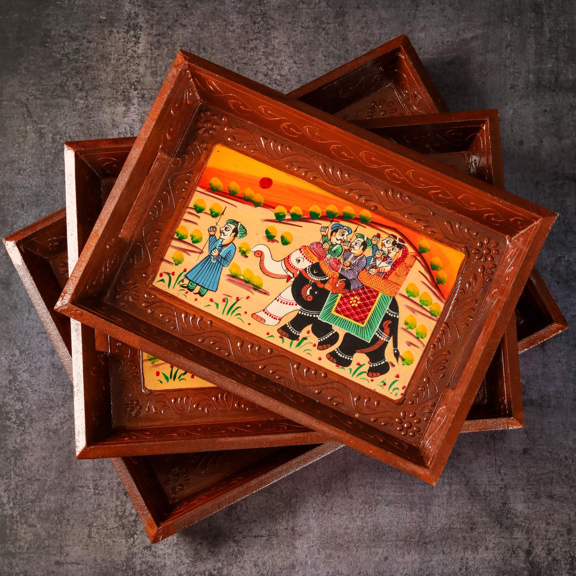 Swadeshi Blessings Wooden Serving Tray Set- Handcrafted & Hand-Painted for Kitchen/Table & Home Decor/Dinning/Gifts/Restaurants/Living Room/Coffee Table (Set of 3 Trays) (Brown),Rectangular