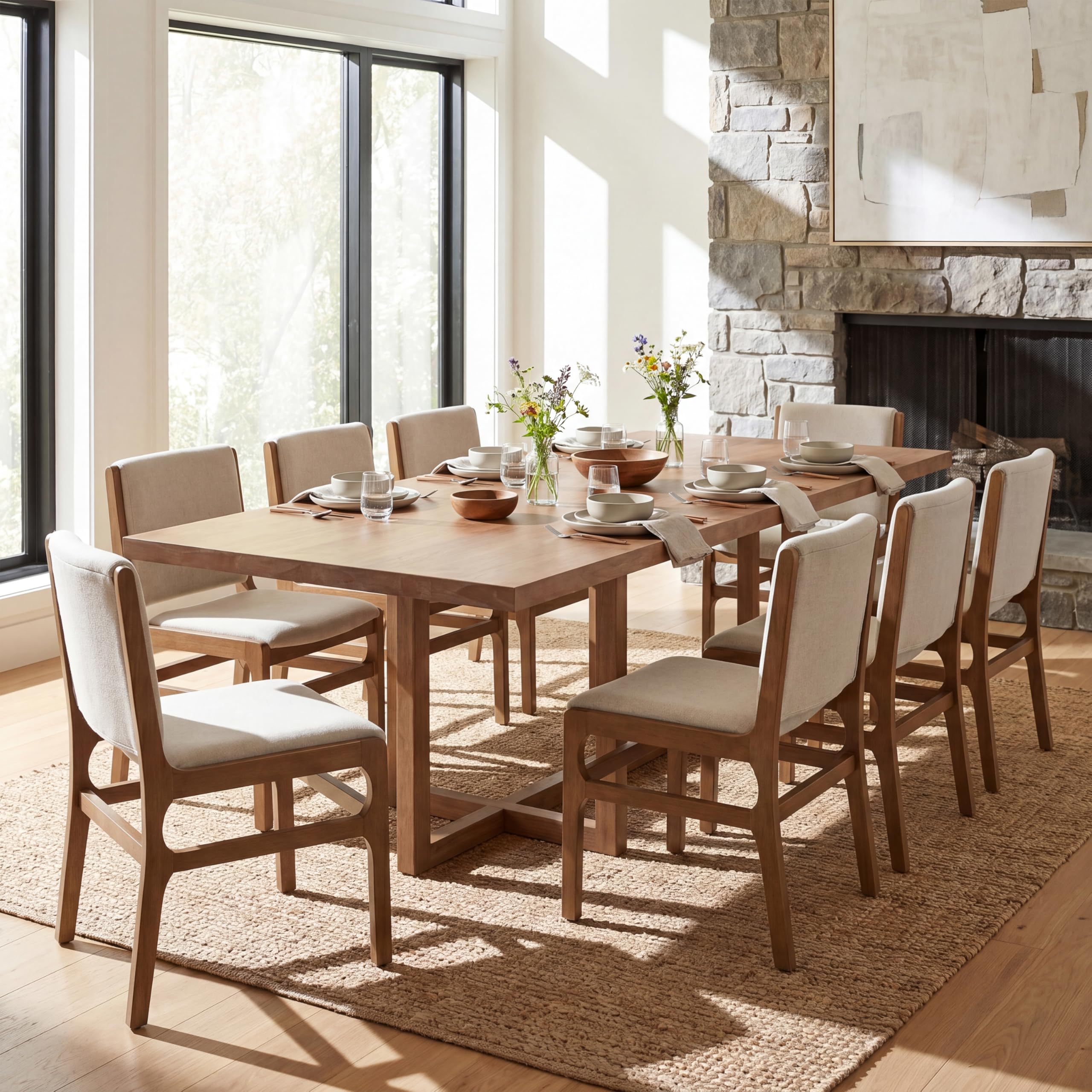 Photo 1 of **3 CHAIRS ONLY NO TABLE**Christopher Knight Home 95 Inch Rectangular Dining Table Set with 8 Upholstered Dining Chairs Modern Wood Dining Set Rubber Wood Frame Natural Finish Farmhouse Kitchen Furniture Set for 8 People