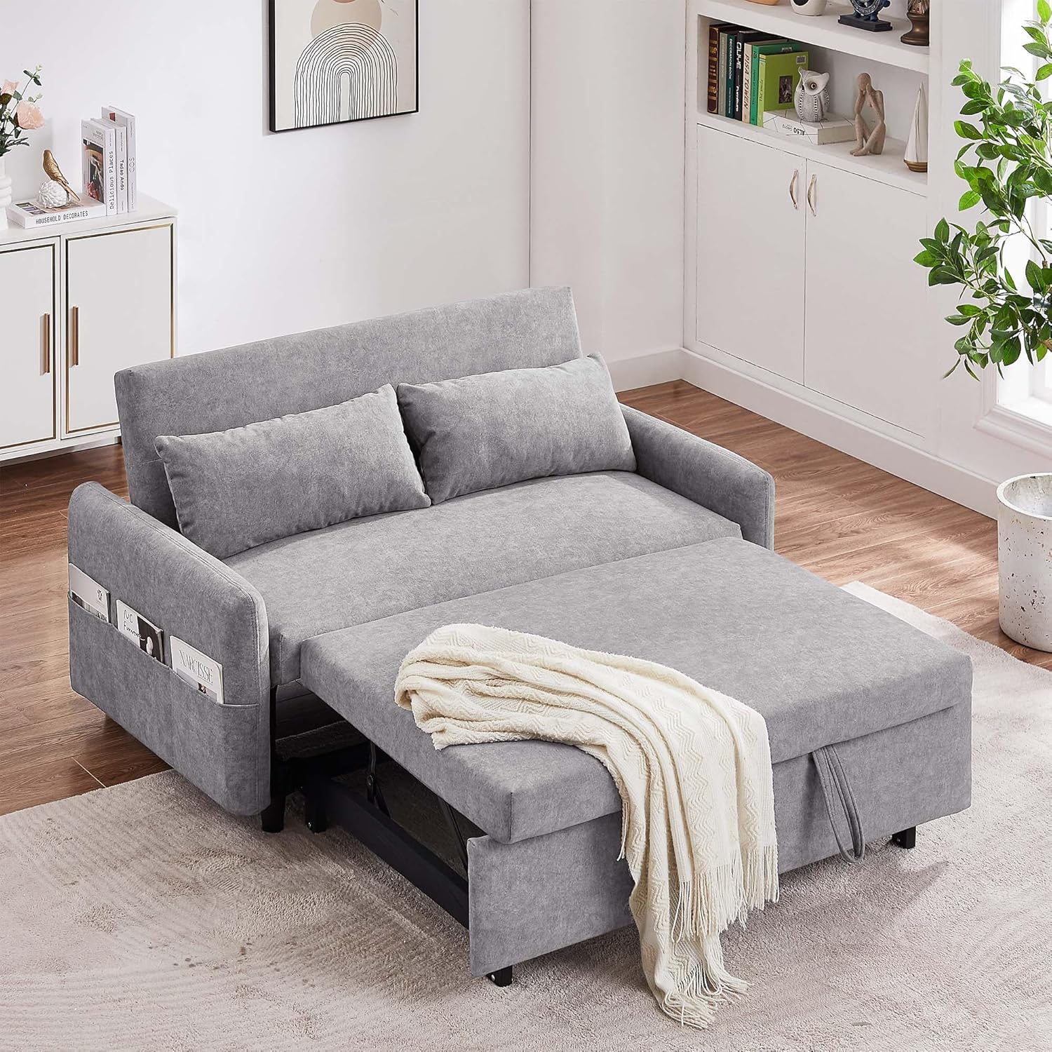 Merax 55.1" W Convertible Sofa Bed with Adjustable Backrest,2 Pillows,USB Ports and 6 Storage Side Pockets,Pull-Out Sleeper Sofabed Microfiber Loveseat Couch for Living Room, Bedroom, Apartment,Grey