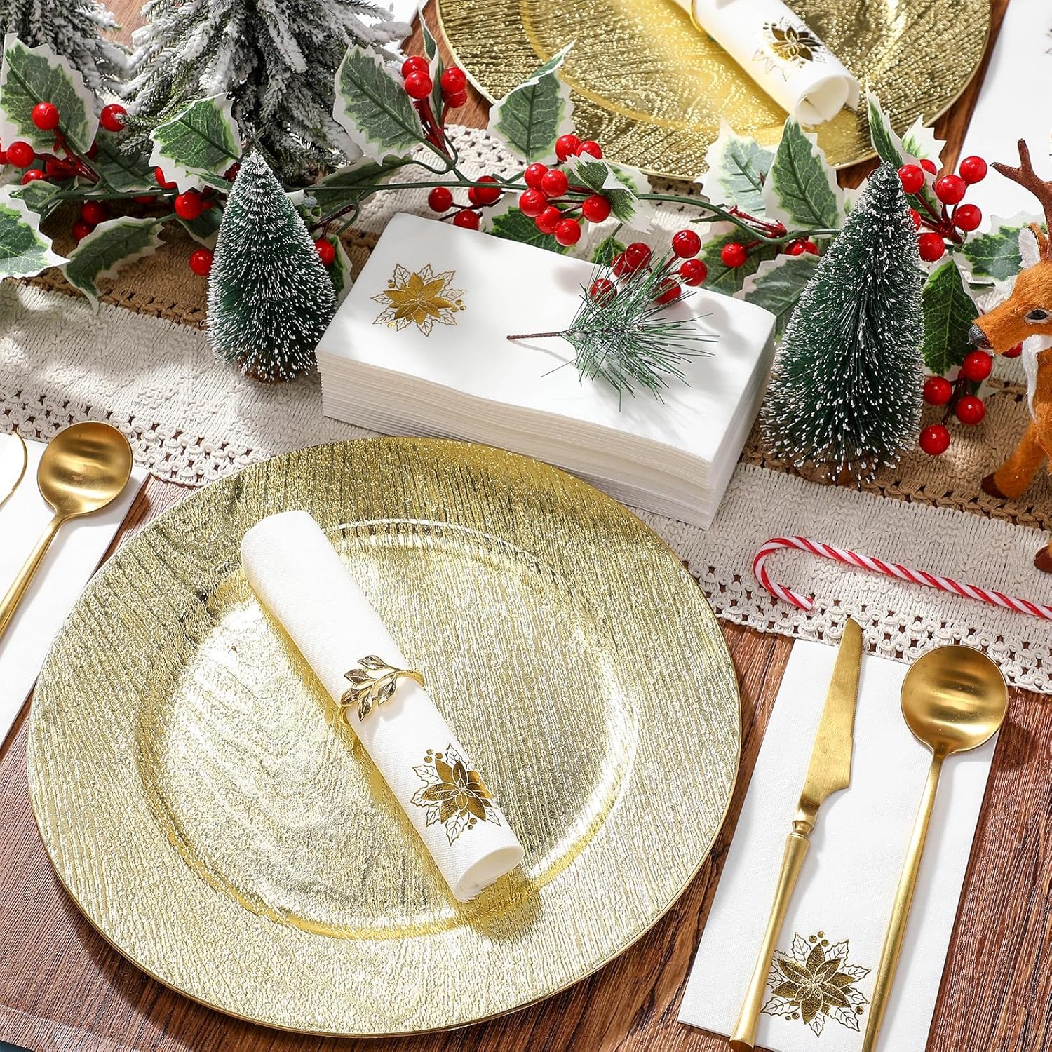 Janlaugh 100 Pcs Christmas Poinsettia Disposable Linen Guest Napkins Foil Stamped Xmas Paper Napkins Christmas Paper Hand Towels for Lunch Dinner Kitchen Bathroom Xmas Holiday Party