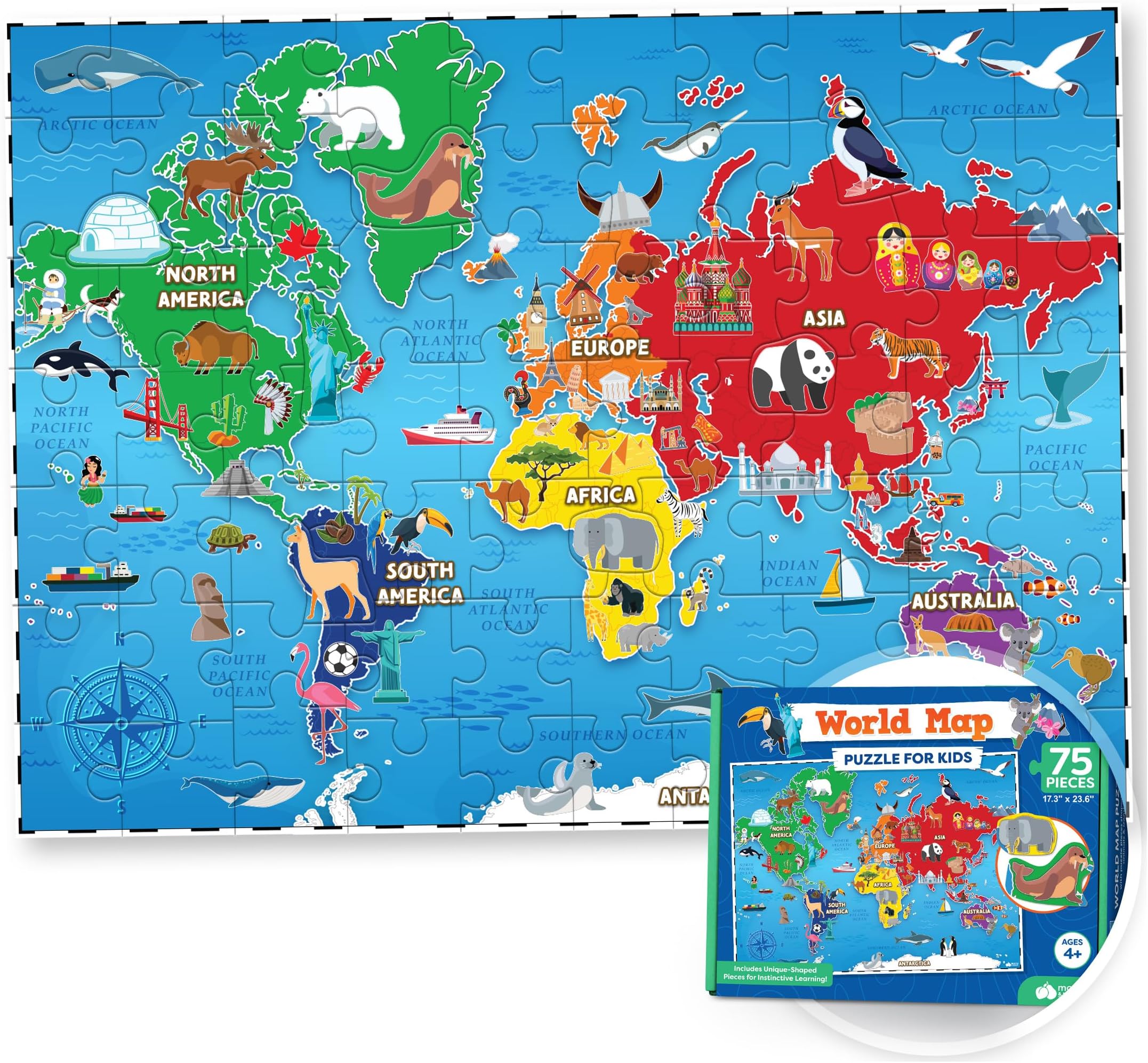 Momo & Nashi World Map Puzzle for Kids - 75 Piece - World Puzzles with Continents - Childrens Jigsaw Geography Puzzles for Kids Ages 4-8, 5, 6, 7, 8-10 Year Olds - Globe Atlas Puzzle Maps