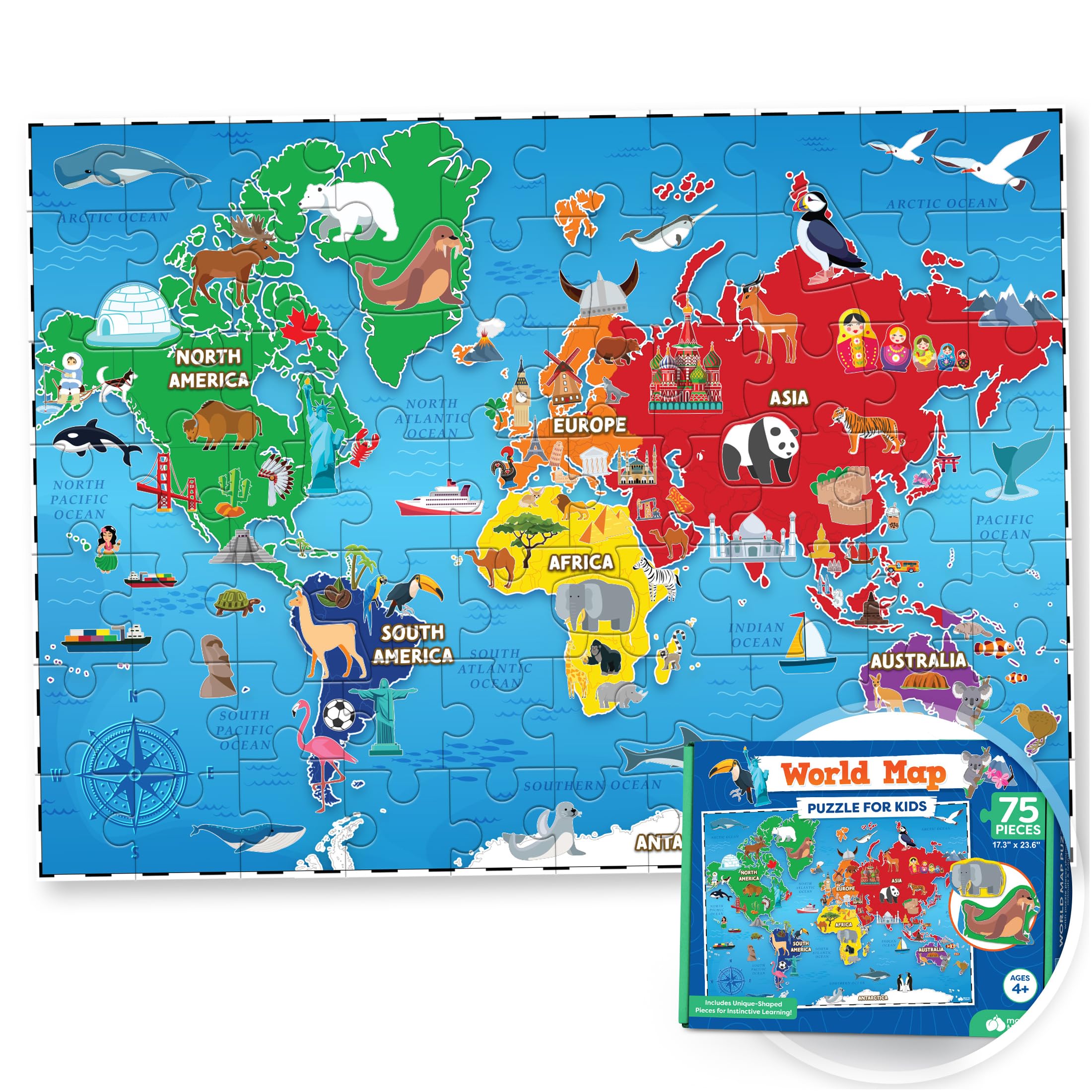 World Map Puzzle for Kids - 75 Piece - World Puzzles with Continents - Childrens Jigsaw Geography Puzzles for Kids Ages 4-8, 5, 6, 7, 8-10 Year Olds - Globe Atlas Puzzle Maps