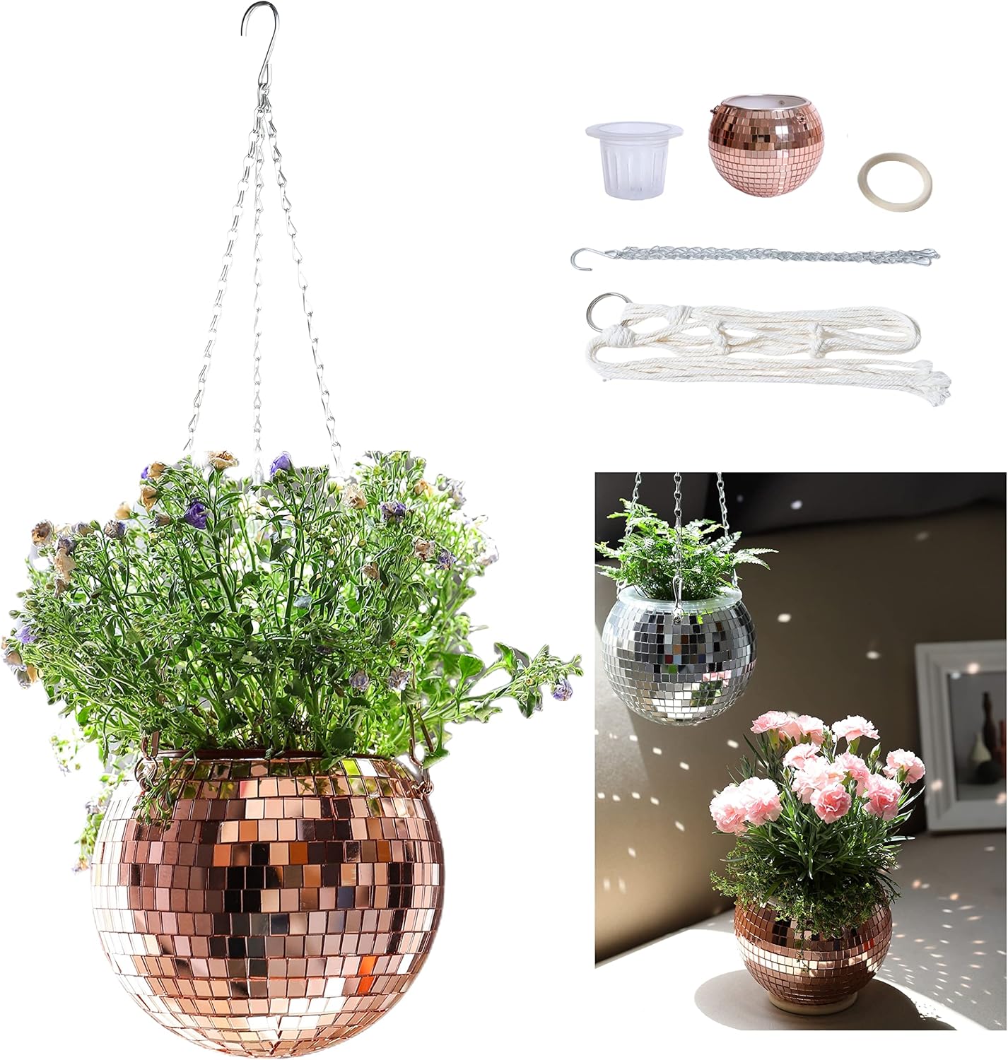 Self Watering Disco Ball Planter Rose Gold Disco Planter with Macrame