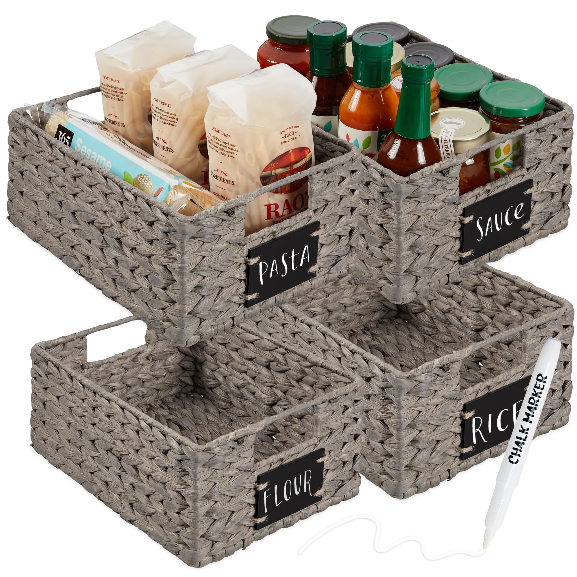 Best Choice Products Set of 4 9x12in Water Hyacinth Pantry Baskets, Woven Kitchen Organizers w/Chalkboard Label, Chalk Marker - Gray
