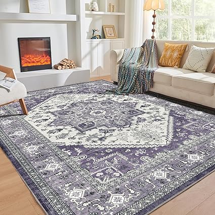 OPPODREAM Soft Area Rugs 9x12 Living Room, Washable Rugs 9x12 with Non Slip Backing, Faux Cashmere Low-Pile 9 x 12 Carpet, Purple