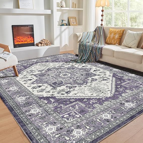 OPPODREAM Soft Area Rugs 9x12 Living Room, Washable Rugs 9x12 with Non Slip Backing, Faux Cashmere Low-Pile 9 x 12 Carpet, Purple