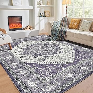 OPPODREAM Soft Area Rugs 9x12 Living Room, Washable Rugs 9x12 with Non Slip Backing, Faux Cashmere Low-Pile 9 x 12 Carpet, Purple