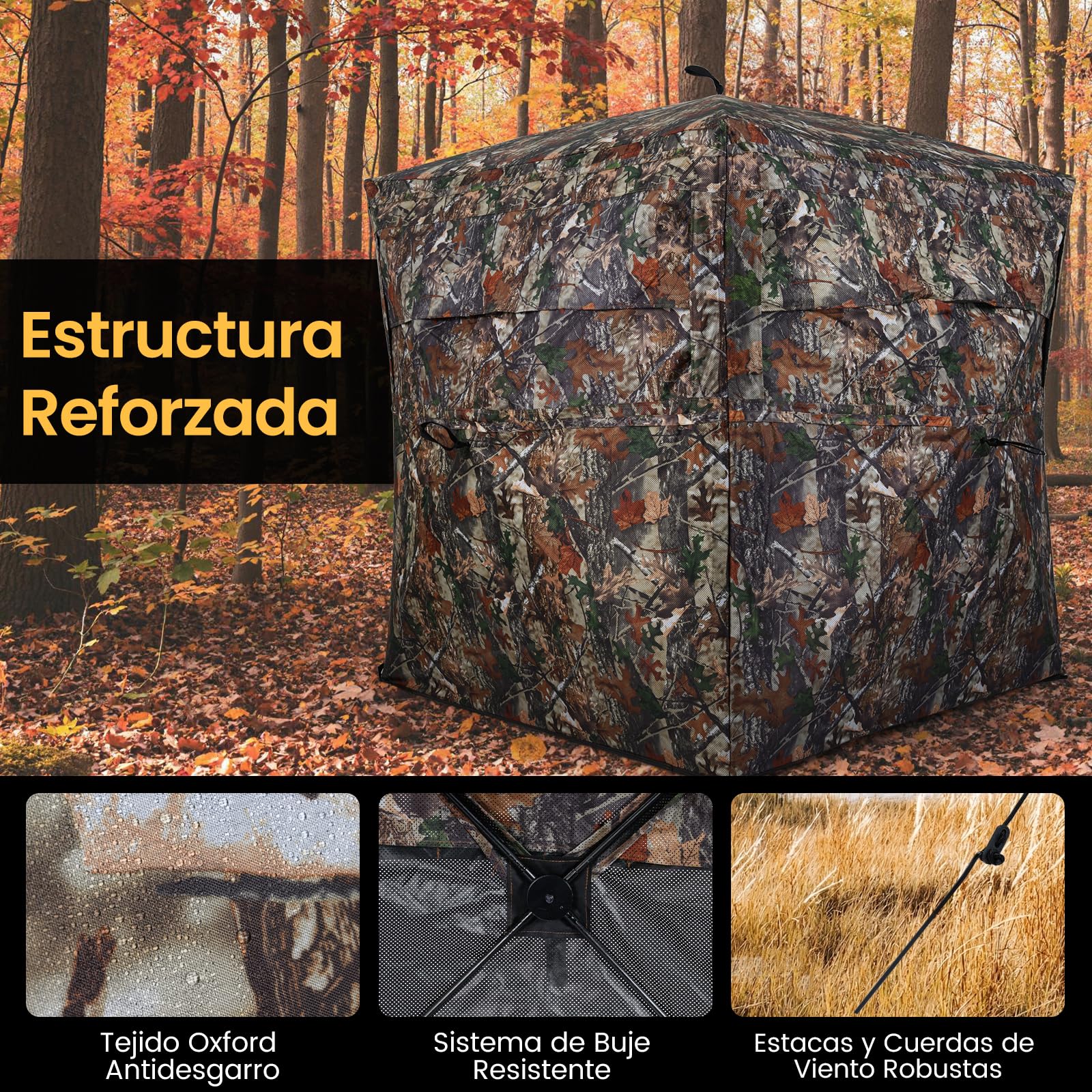 COSTWAY Persiana de Caza Portátil, Vista de 360°, Puesto de Caza para 4 Personas, Ventanas de Deslizamiento Silencioso, Bolsa de Transporte, Carpa Plegable Portátil, Camuflaje