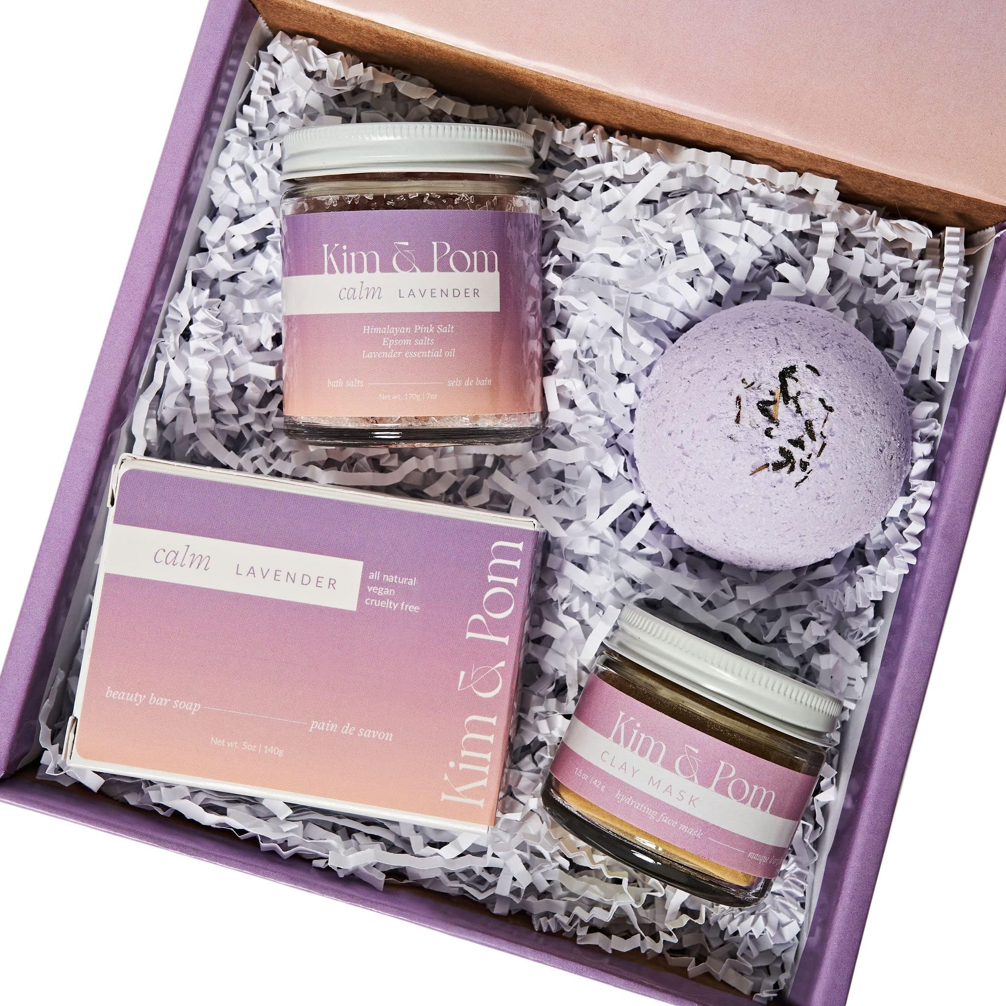 Kim and Pom - Lavender Spa Set for Women - All Natural Vegan Gift Ideas for Her, Mother's Day Gift for Wife from Husband, Valentine's Day Gift