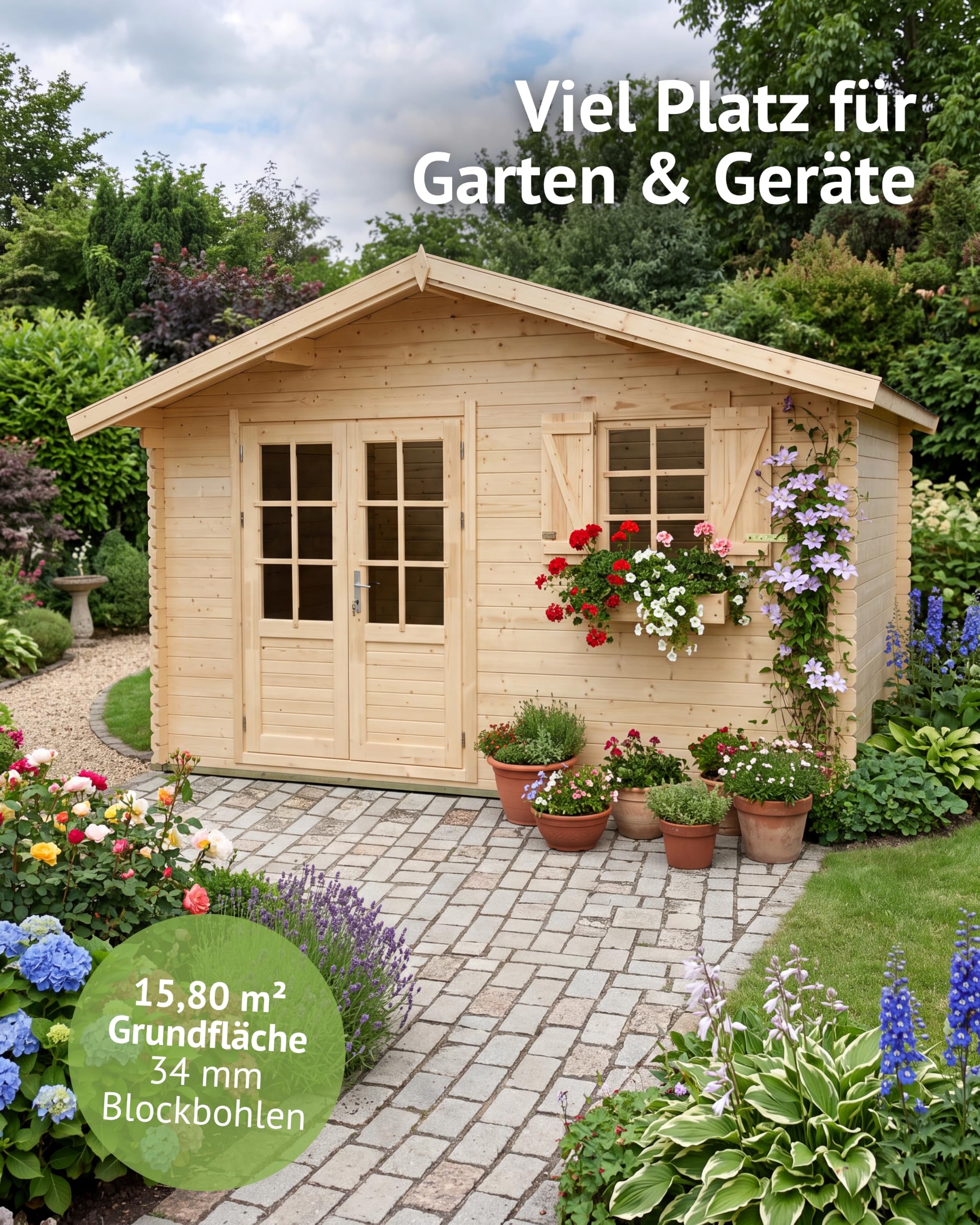 Steiner Shopping Gartenhaus PO14-34 mm Blockbohlenhaus, Grundfläche: 15,80 m², Satteldach