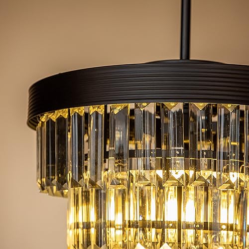 Miniatura 4 de ALOADECOR Candelabro de cristal moderno con flecos W13 de 3 luces en negro mate de 4 niveles con forma de cono de glamour redondo para comedor, mini