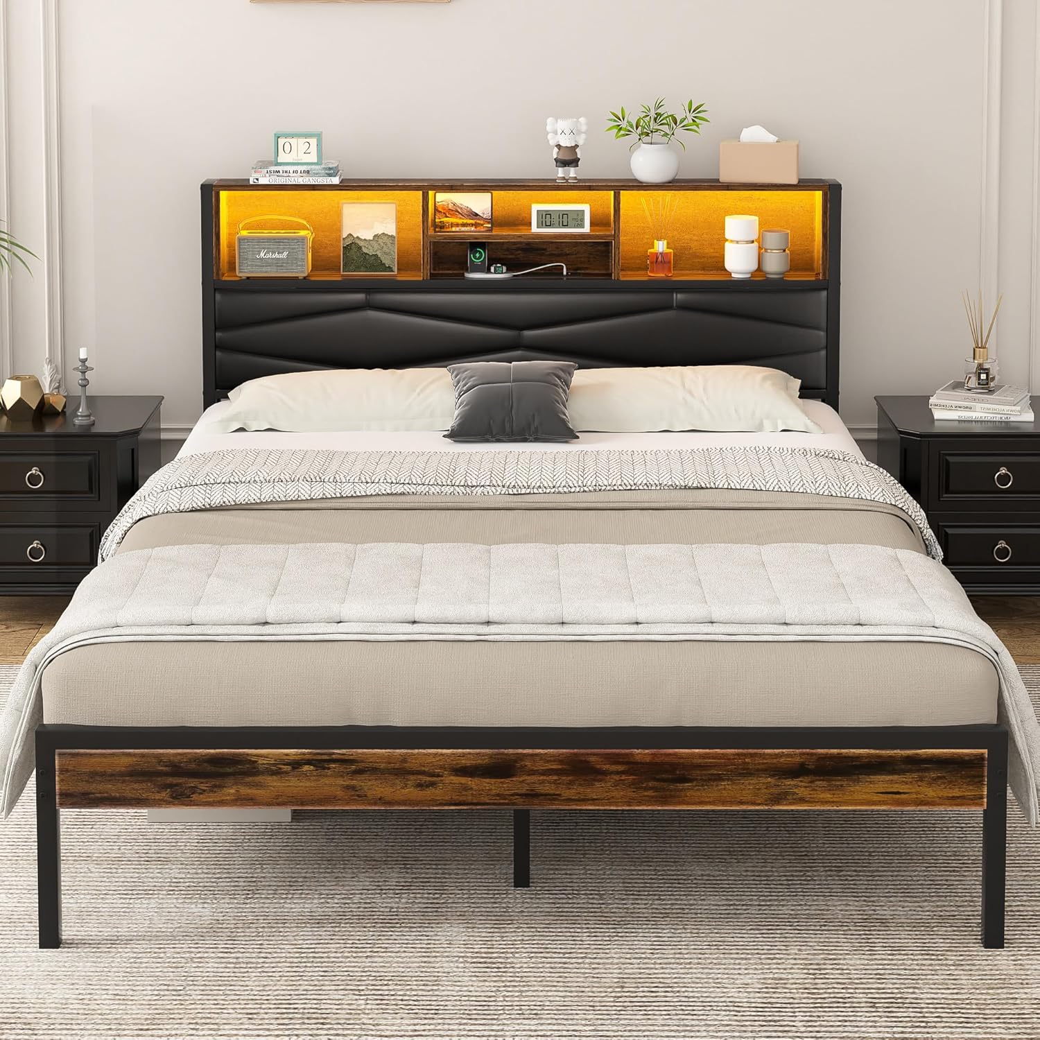 VECELO Bed Frame Queen Size with 2-Tier Storage Headboard and Charging Station, Upholstered Platform Bed with LED Lights, Heavy Duty Metal Frame Support, No Box Spring Needed, Noise Free, Black