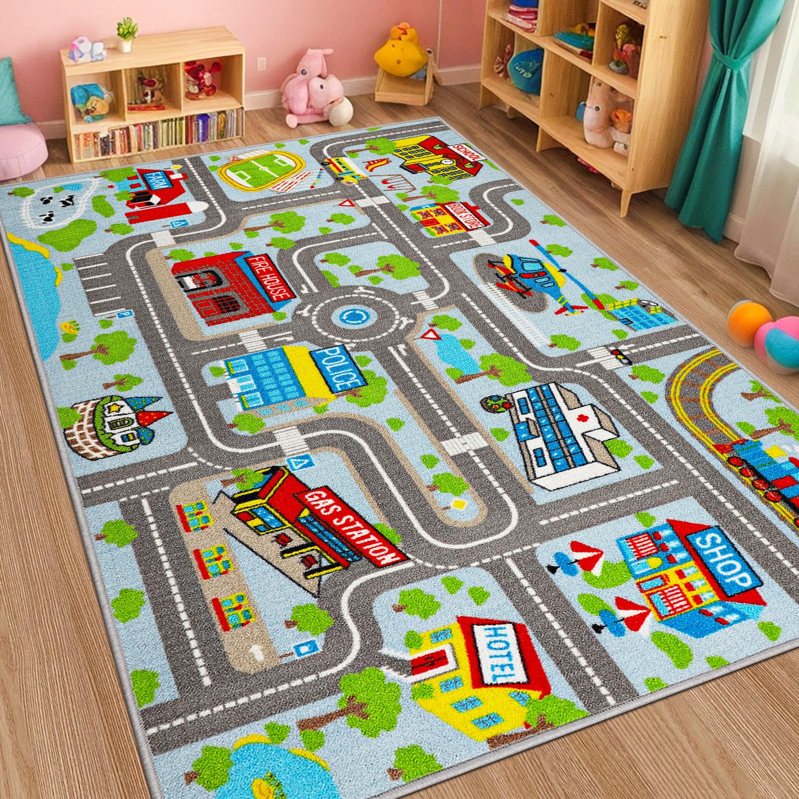 Kids Rug Car Play Mat 5.2'x3.3',Sky Blue Kids Rug for Toy Cars,Non-Slip Town City Map Carpet Play Mat,Traffic Road Kid Educational Learning Car Rugs for Children Room Playroom Nursery