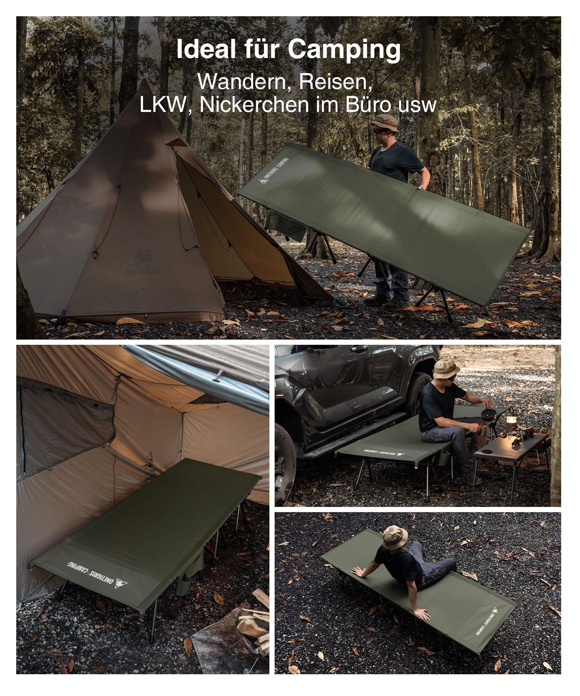 OneTigris SUPRATIROS Lit de camp pliable XXL portable et léger jusqu'à 180 kg pour tente, extérieur, voyage, jardin, bureau (220 x 80 cm)