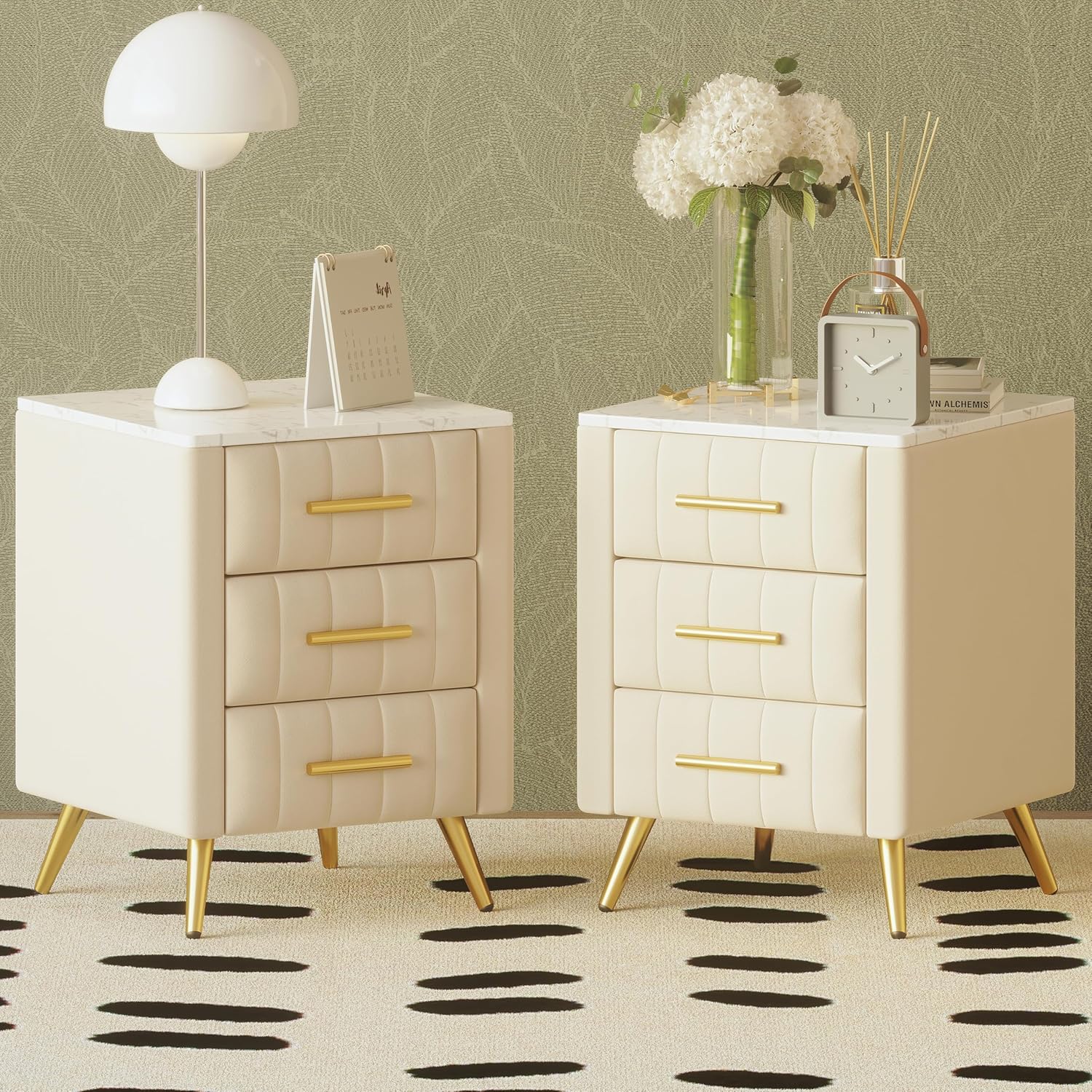 Merax Nightstand with Drawers Set of 2, Upholstered Wood Bedside End Table with Marbling Top, Beige