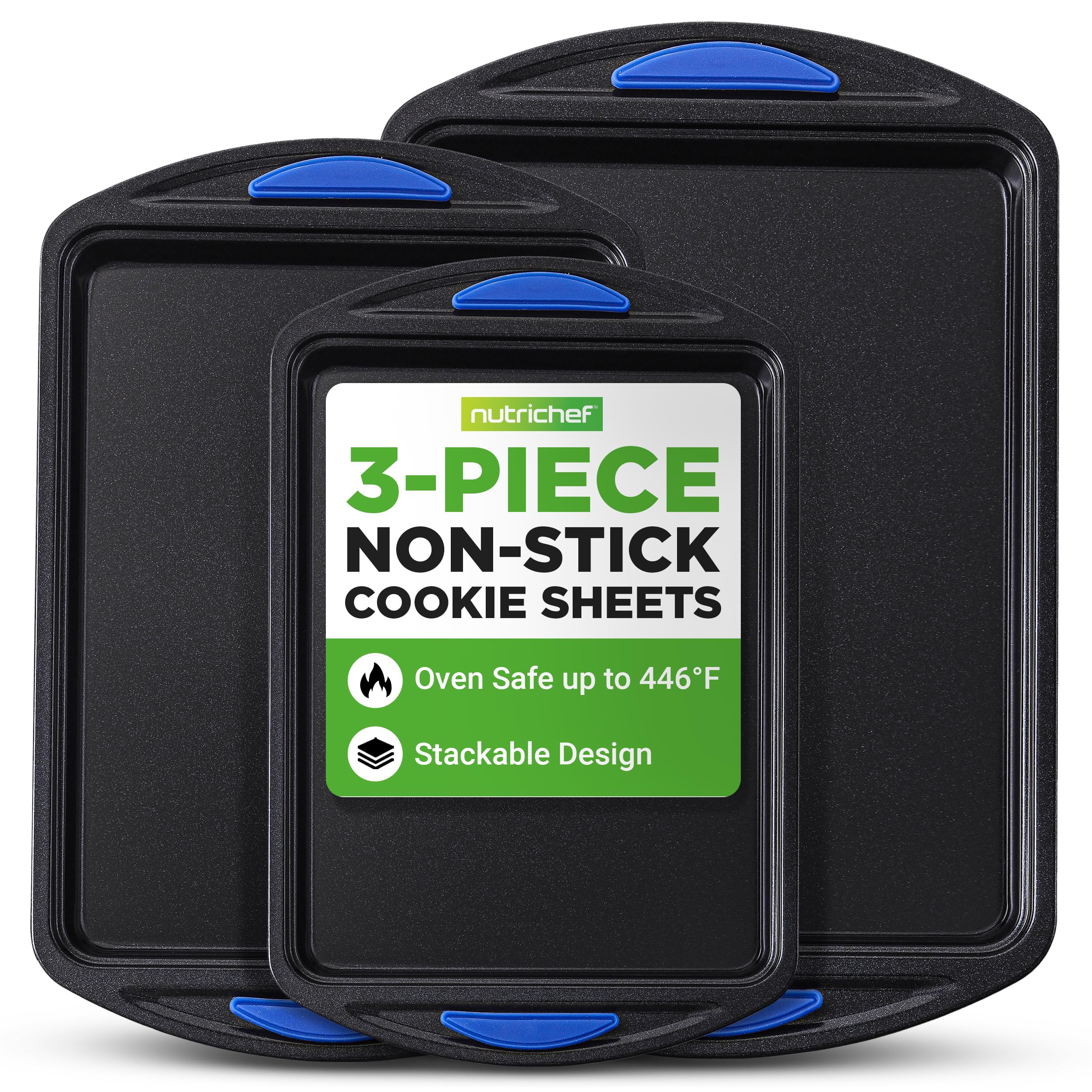 NutriChef 3-Piece Nonstick Cookie Sheets for Baking – Carbon Steel Stackable Bakeware Set w/Silicone Handles - Non Toxic Baking Pan - Durable & Wrap Resistance, Oven Safe - Easy cleanup