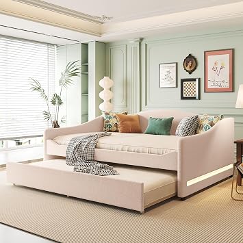 Favfurish Teddy Fleece Full Size Upholstered Daybed with LED Light and Trundle,Modern Wood Platform Bed w/Side Stripes,Easy Assembly,for Bedroom,Living Room,Guestroom,Beige