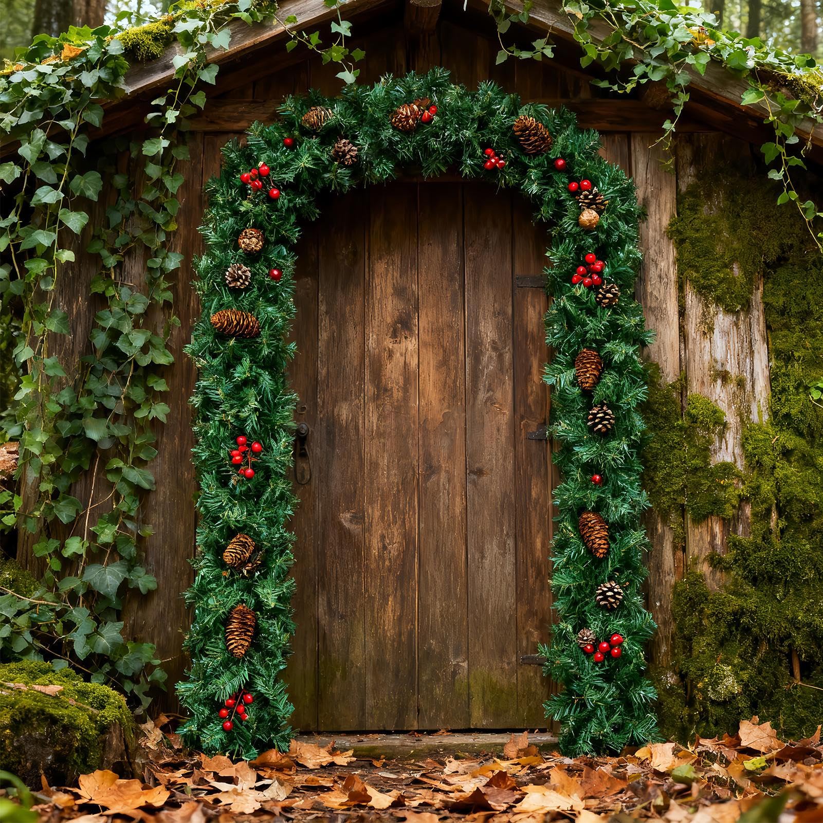 Guirnalda Navideña para Exterior Guirnalda de Mesa de 2.7 Metros | Corona Artificial con Bayas Rojas y Piñas para Decoración para Navidad Bodas Chimenea Porche Mesa de