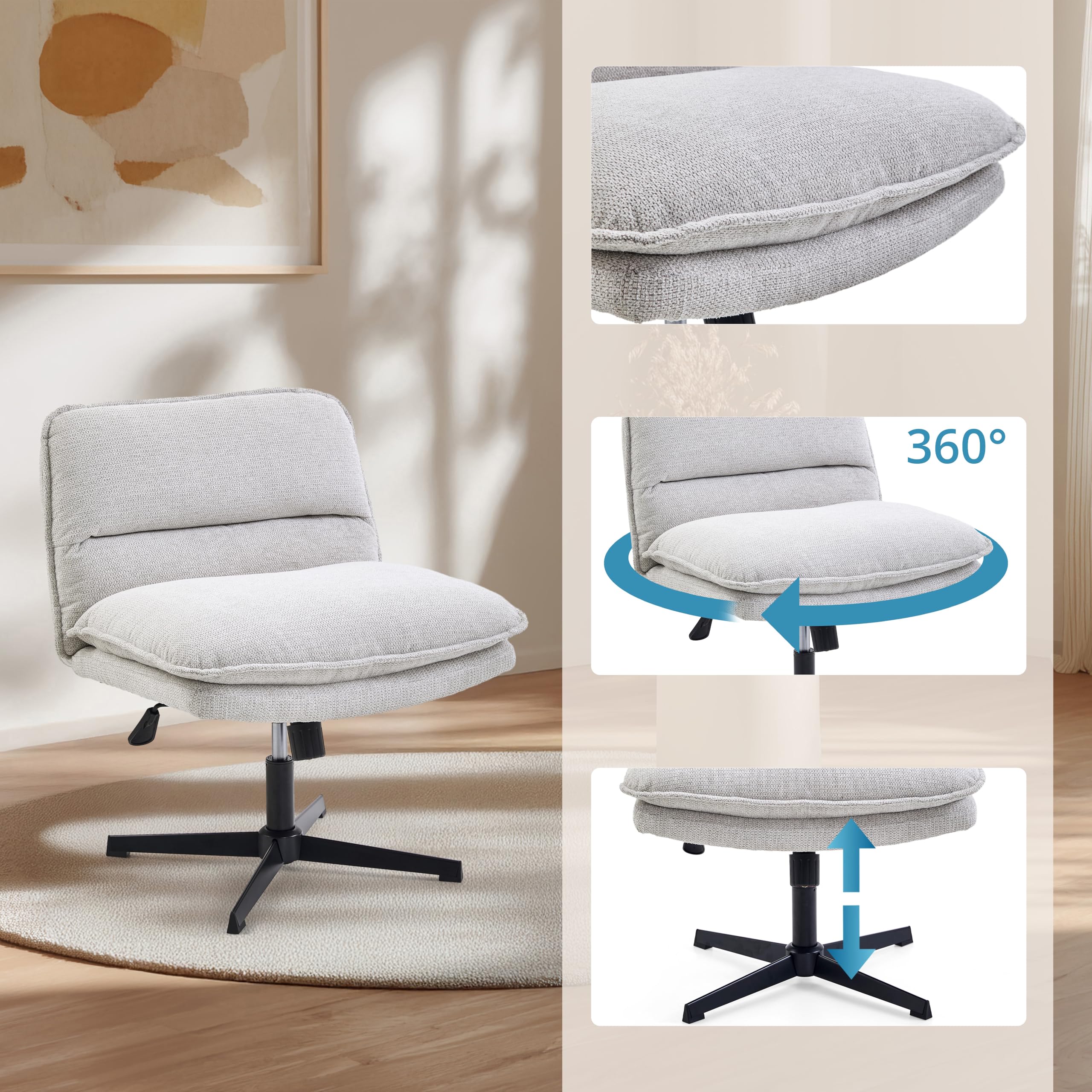 Krzesło biurowe bez podłokietników, szerokie krzesło krawieckie z wyściełanym siedziskiem, ergonomiczne krzesło Criss Cross Chair do domowego biura, salonu (jasnoszare)