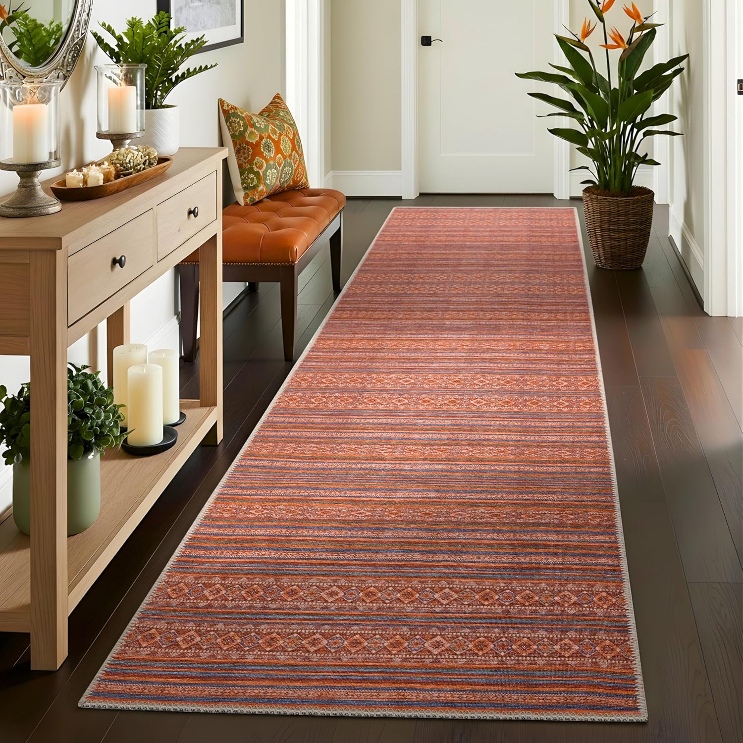 Sacred Artisans Washable 2x10 Runner Rug Non Slip for Hallway Entryway Kitchen Bedroom Bathroom and Laundry | Vintage Boho Ultra Durable and Low Pile 10ft Carpet Runners (Kilim, 2' x 10')