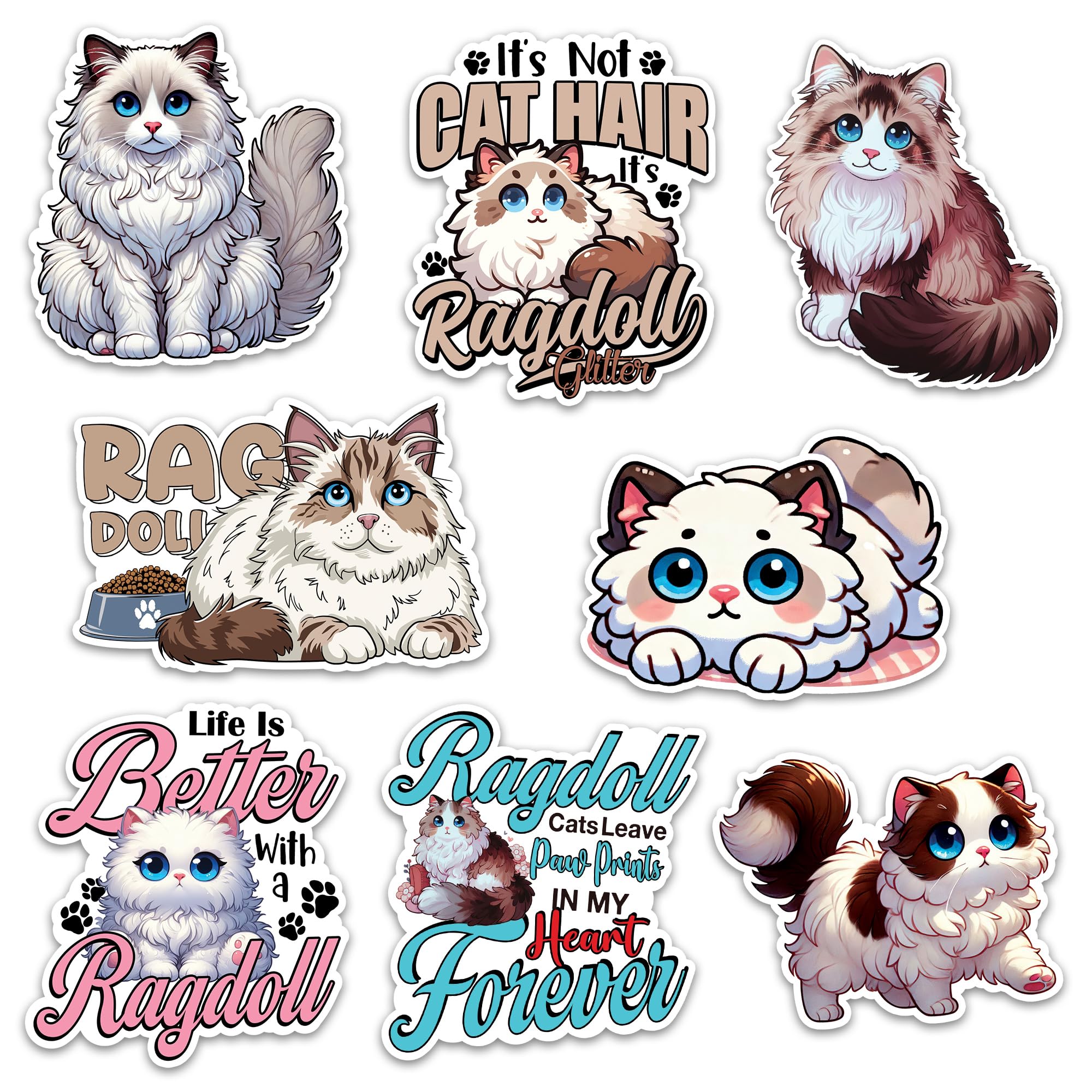 Ragdoll Cat Sticker 8 Pcs (Large Size) Vinyl Stickers Laptop Waterproof Decal for Car Bumper Water Bottle Laptop Notebook Window Funny Party Birthday