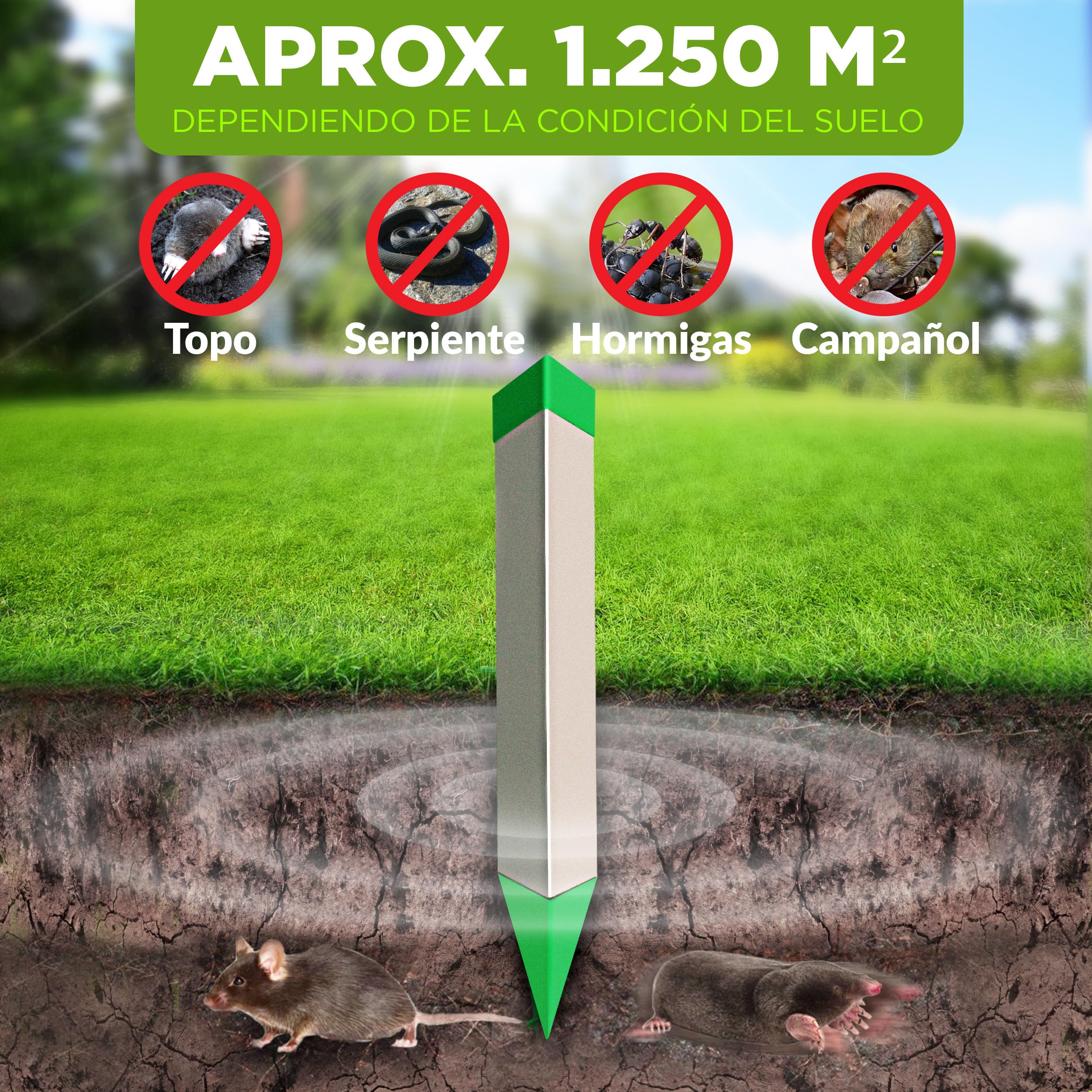 ISOTRONIC Repelente para Topos, topillos y Serpientes: Funciona con Pilas e Incluye una estaca para el Suelo del jardín. Área efectiva de Cobertura: 1250 m² (3 Unidades).