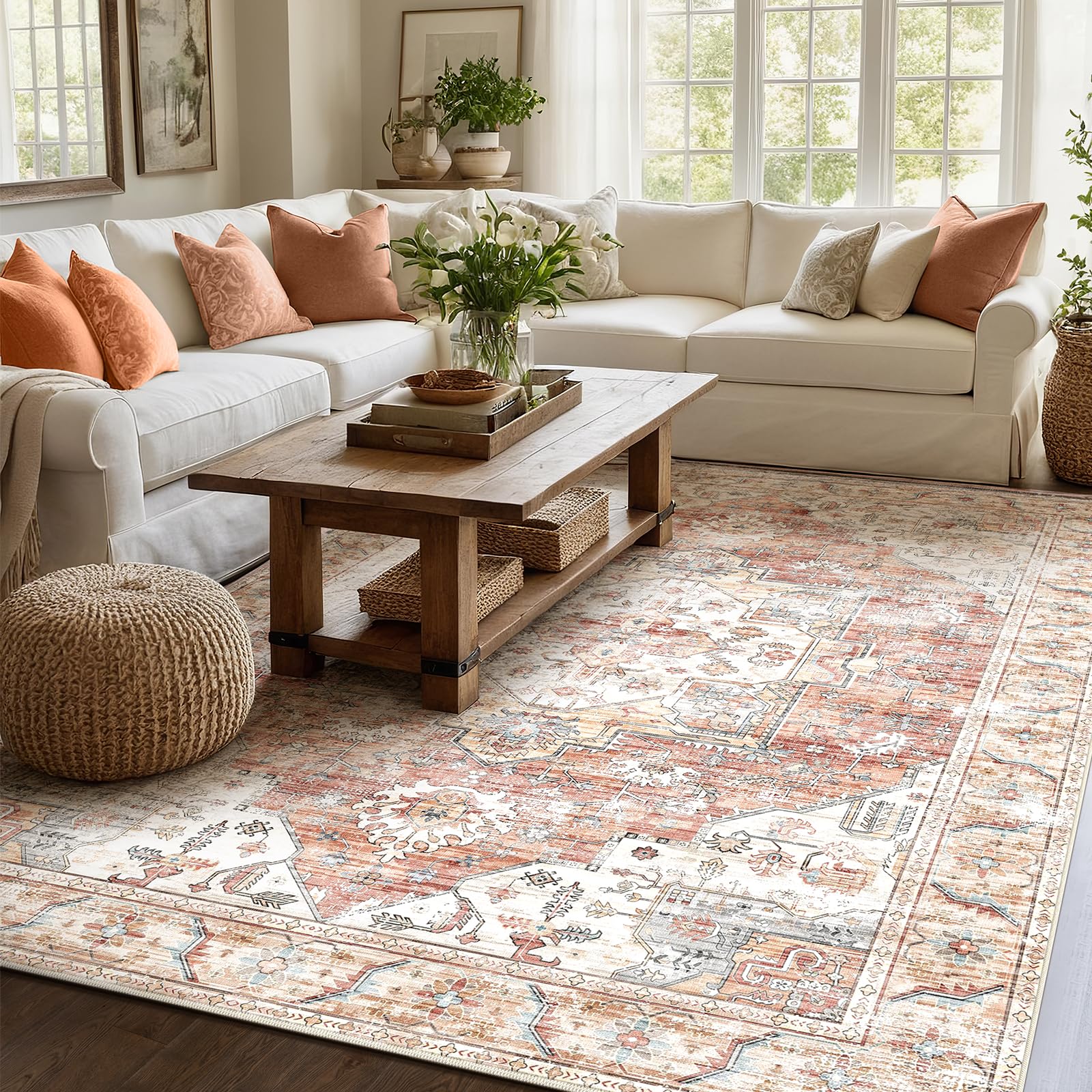 XSIVOD Orange Living Room Rug, Washable Area Rugs for Bedroom, Non Slip Vintage Rugs for Dining Room Home Office, Soft Low Pile Floral Rug Accent Floor Carpet for Home Decor, 150 x 210 cm