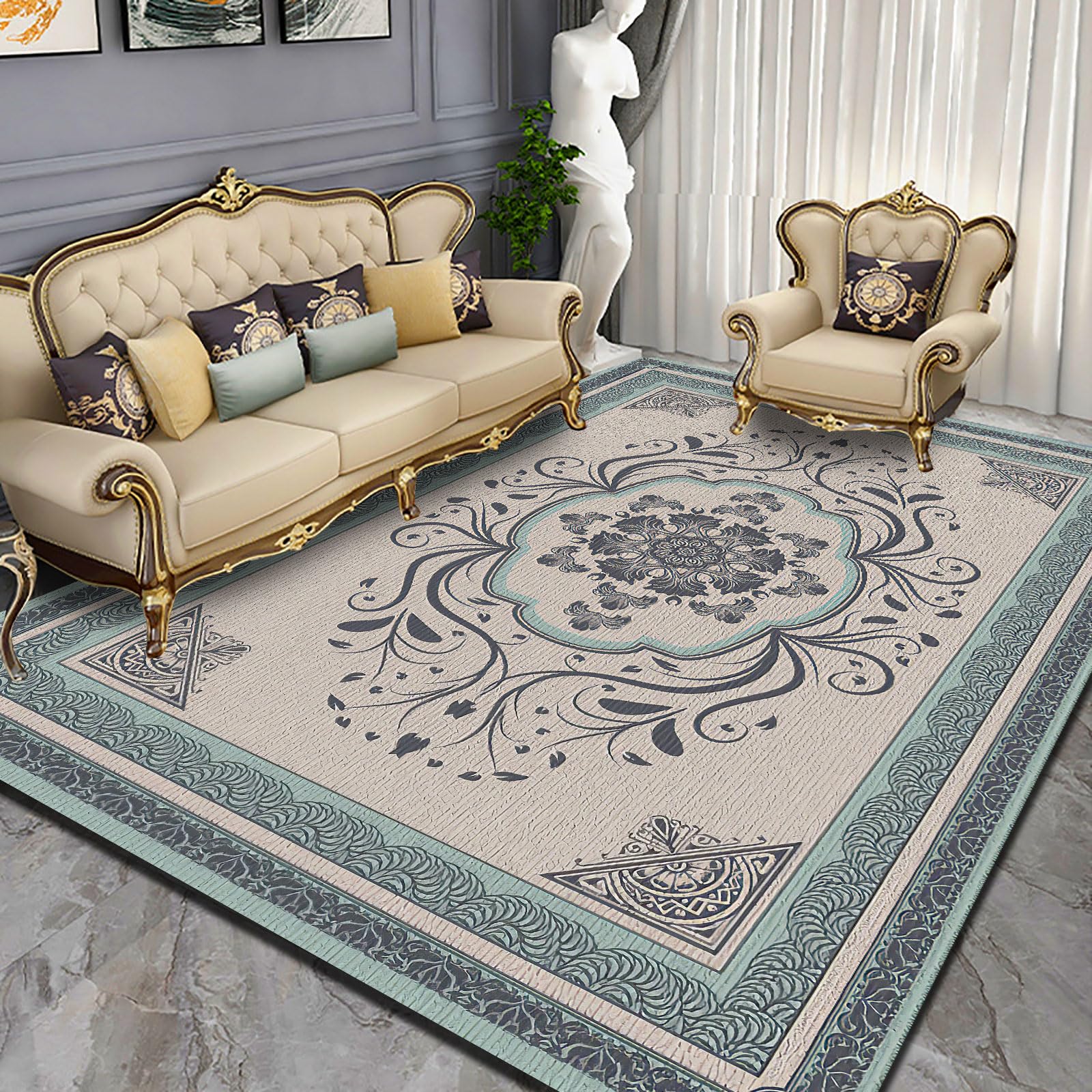 Tapis antidérapant lavable bleu floral rétro 110x190 pour sécuriser vos sols