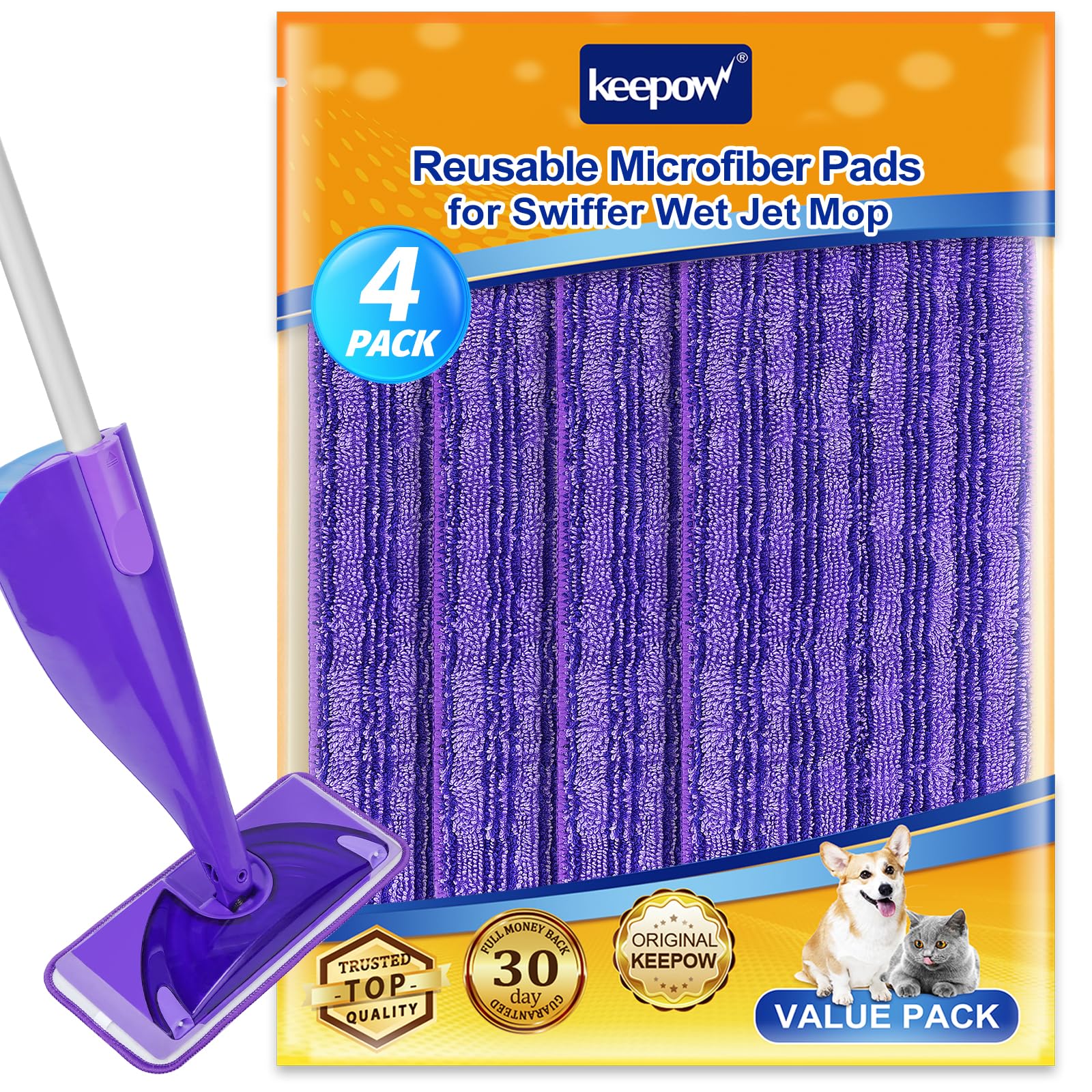 KEEPOW 4 PCS Spray Mop Refill Pads Compatible with Flash Powermop, Washable & Reusable Microfiber Mop Refill Pads, Floor Wipes For Any Type of Floor