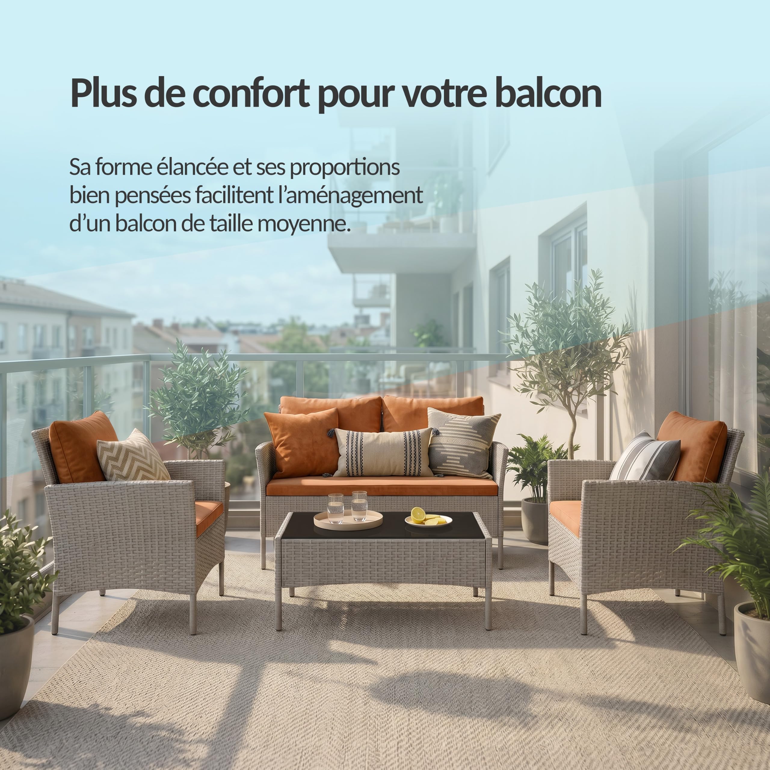 POKAR Salon de Jardin Rotin Gris avec Coussins Assise et Dossier Beige