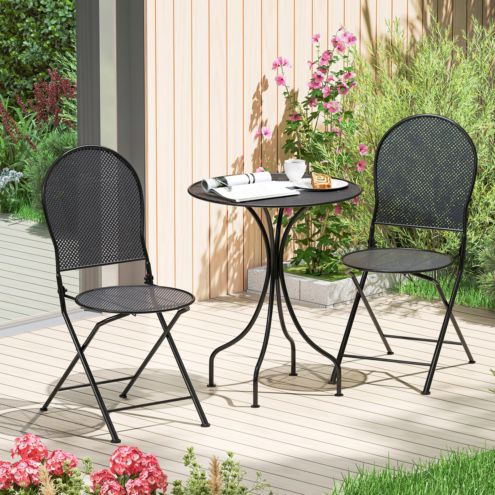 Tangkula 3 Pieces Patio Bistro Set, Metal Table and Folding Chair Set for 2, Outdoor Garden Furniture Set with Round Table & 2 Folding Chairs, Indoor
