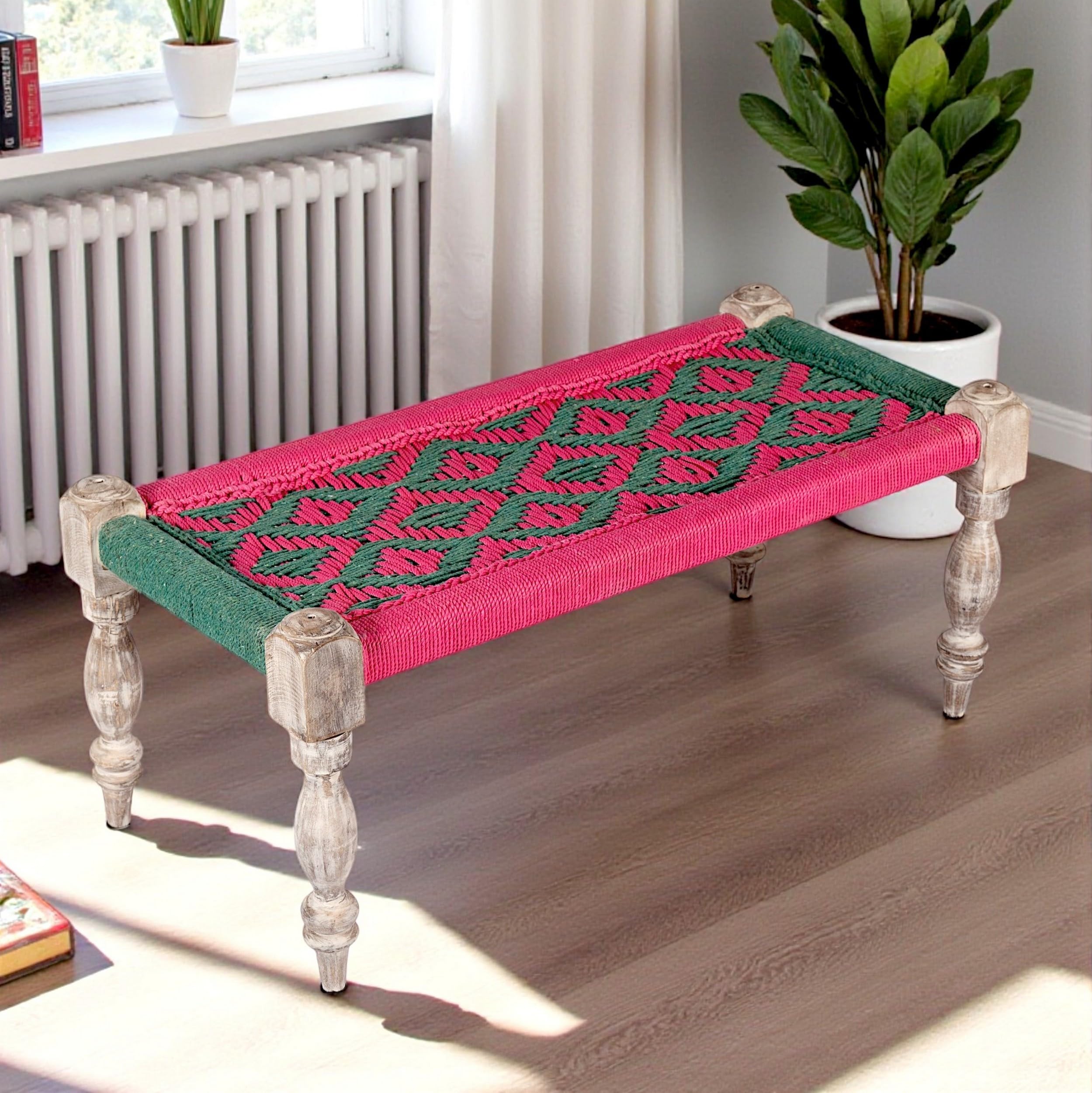 Oakville Sheesham Wood Vintage 2 Seater Maachi Bench/Charpai/Khatiya/Rajasthani Traditional Settees/Recamiers in Green & Pink Rope Canning for Living Room | Bedroom | Hallway| Balcony