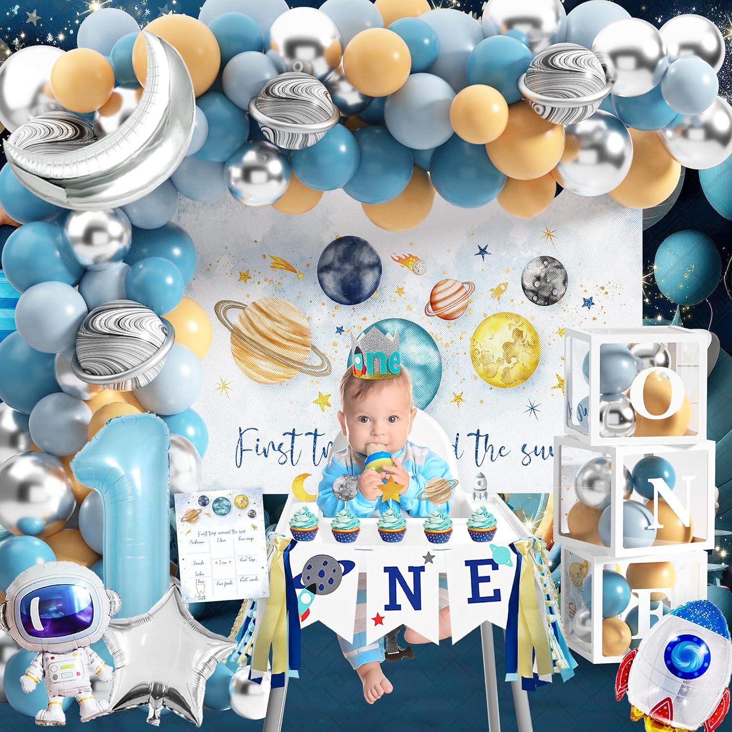 First Trip Around The Sun Birthday Party Decorations for boy 1st Birthday Supplies First Trip Around The Sun Backdrop Balloons Garland Monthly Photo Banner Space Theme Party Decor - Image 5