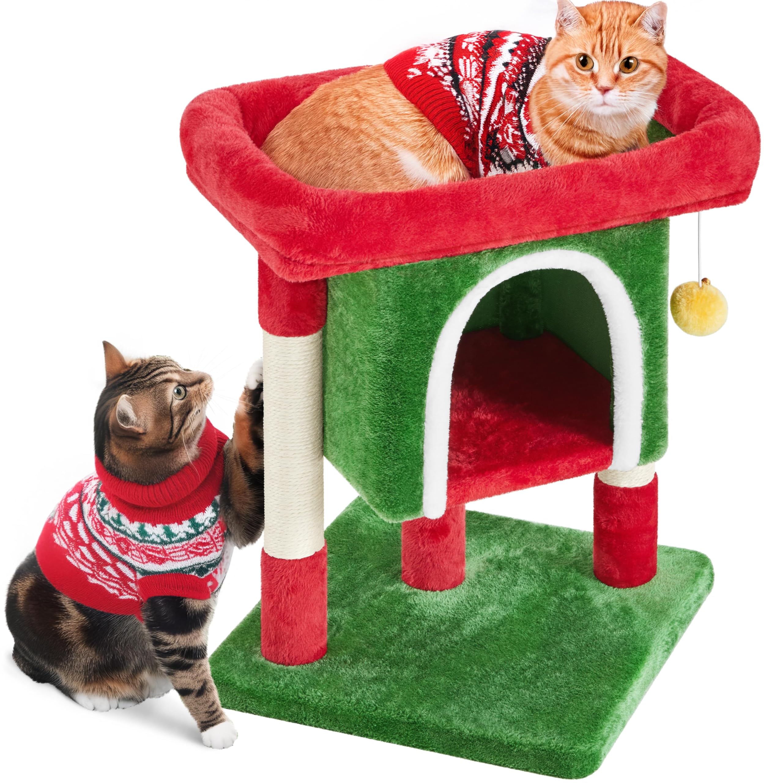 Yaheetech Christmas Themed Cat Tree Tower for Kitten Cats, Pet Standing House with Sisal-Covered Top Platform Spacious Condo Detachable Dangling Ball, Pet Activity Center, Red/Green
