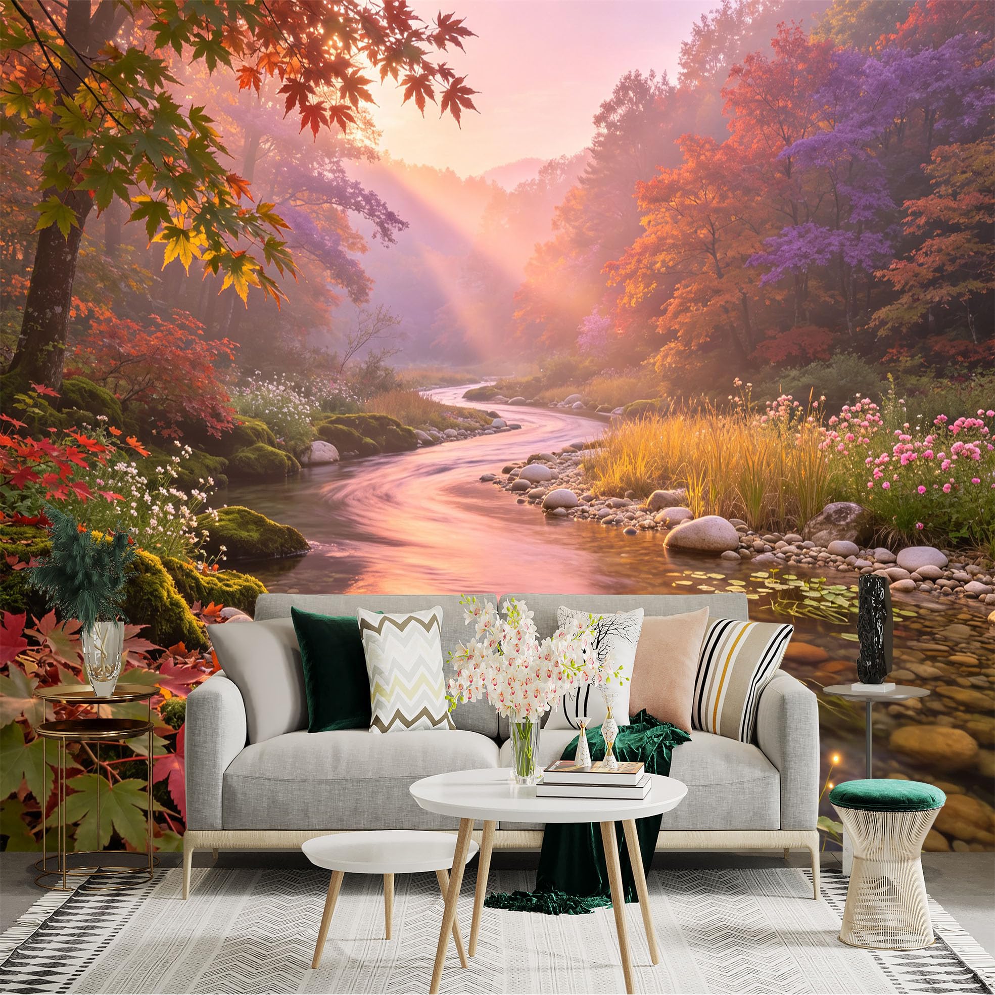 Lnzczhyre Bh260719494 Custom Size Wall Sticker Mural， Enchanting Autumn River Landscape， Sunlit Maple Leaves And Forest， For Wall Decoration， Peelandstick Wall Decals.